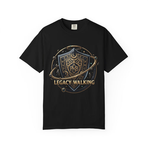 Legacy Walking Shield Graphic T-Shirt | Fantasy Crest Emblem Tee by Printify