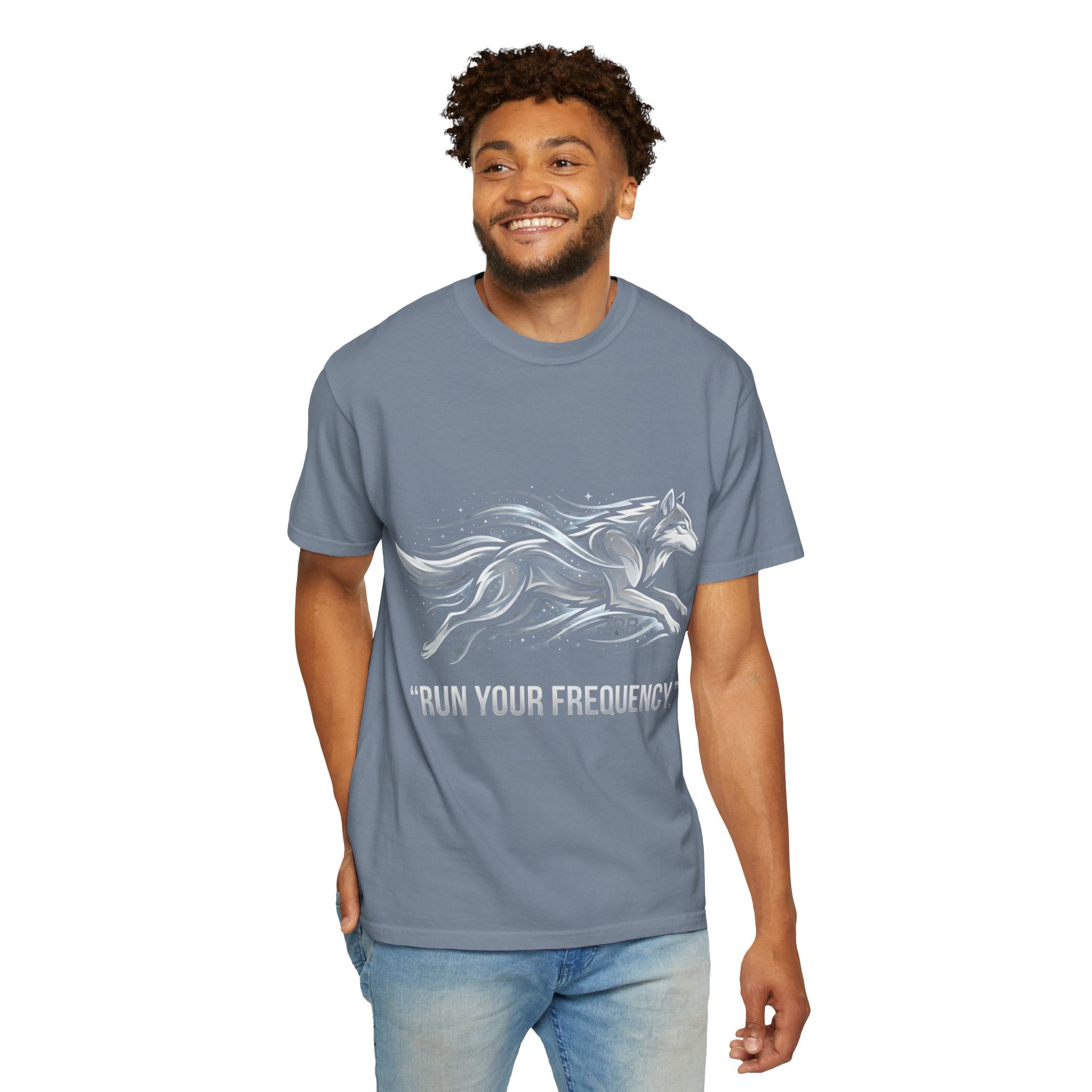 Wolf Graphic T-Shirt — 'Run Your Frequency' Motivational Tee by Printify