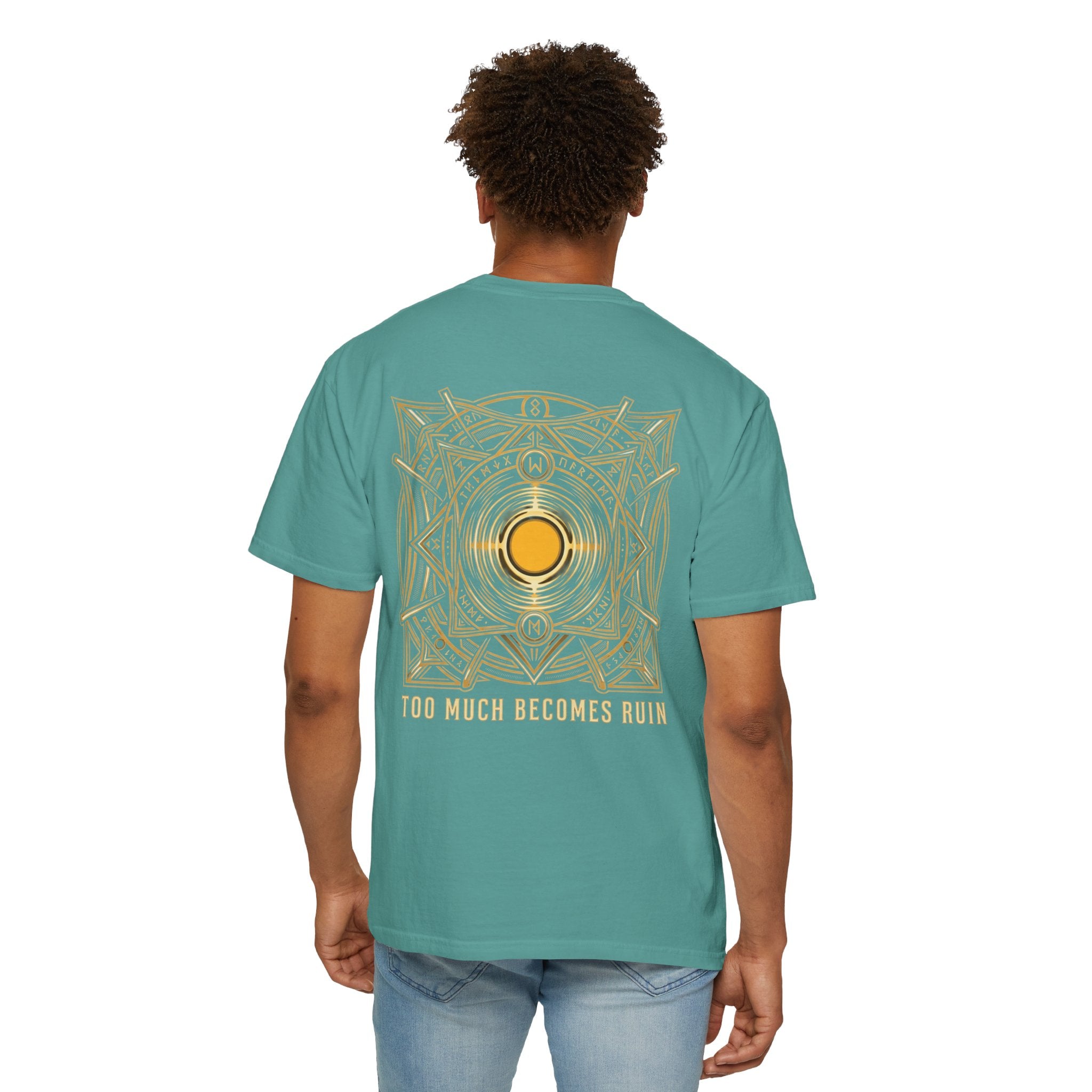 Power Runs Black PRB — Veyra Kain Geometric Sigil Tee with “Too Much Becomes Ruin” Graphic T-Shirt by Printify