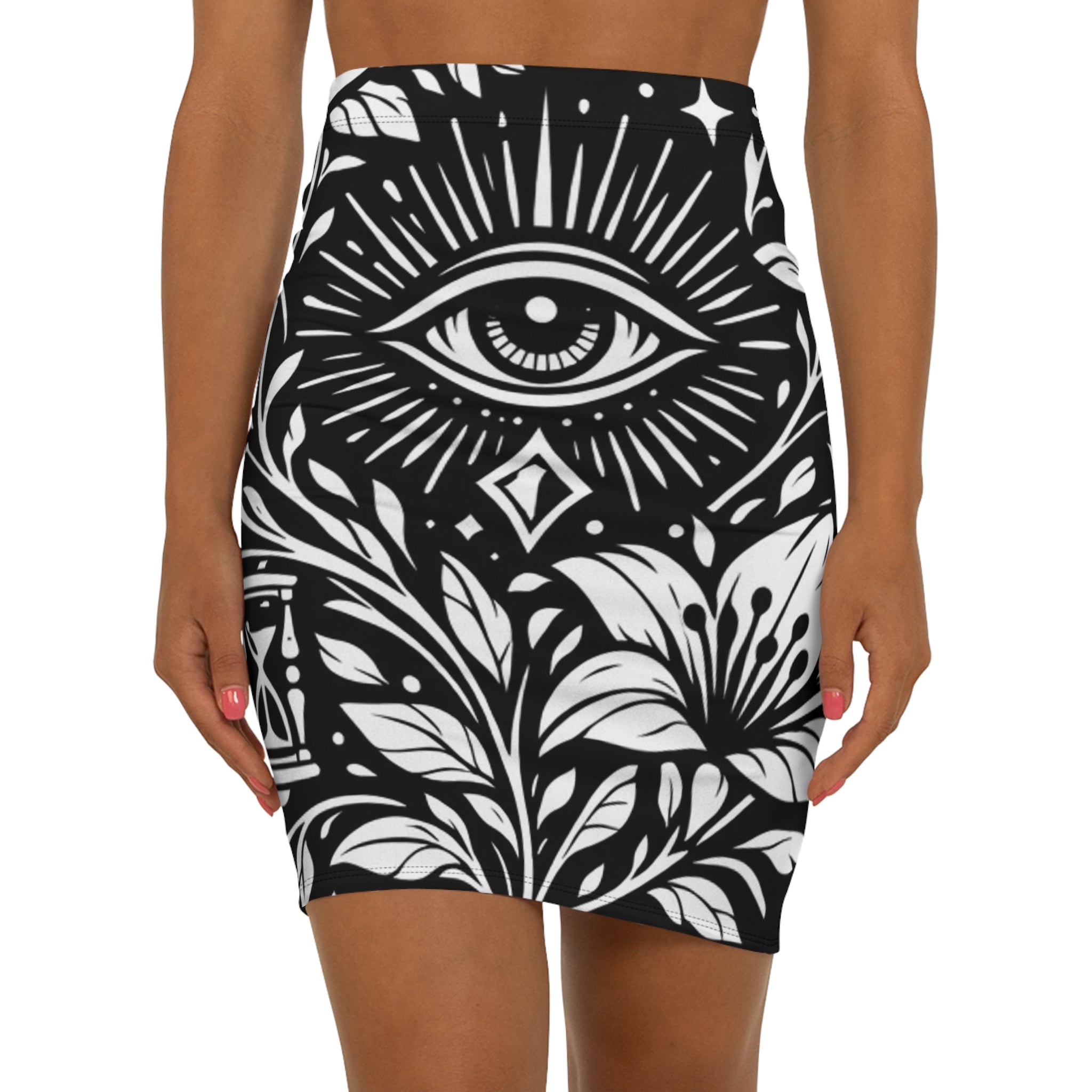 All-Seeing Eye Floral Pencil Skirt | Mystical Black White Print by Printify