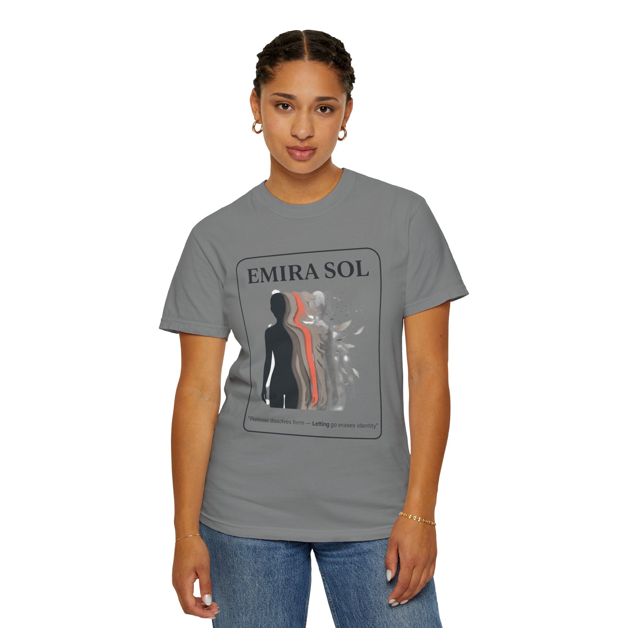 Power Runs Black PRB Emira Sol Graphic T-Shirt — Silhouette Art "Release Shadows" Tee by Printify