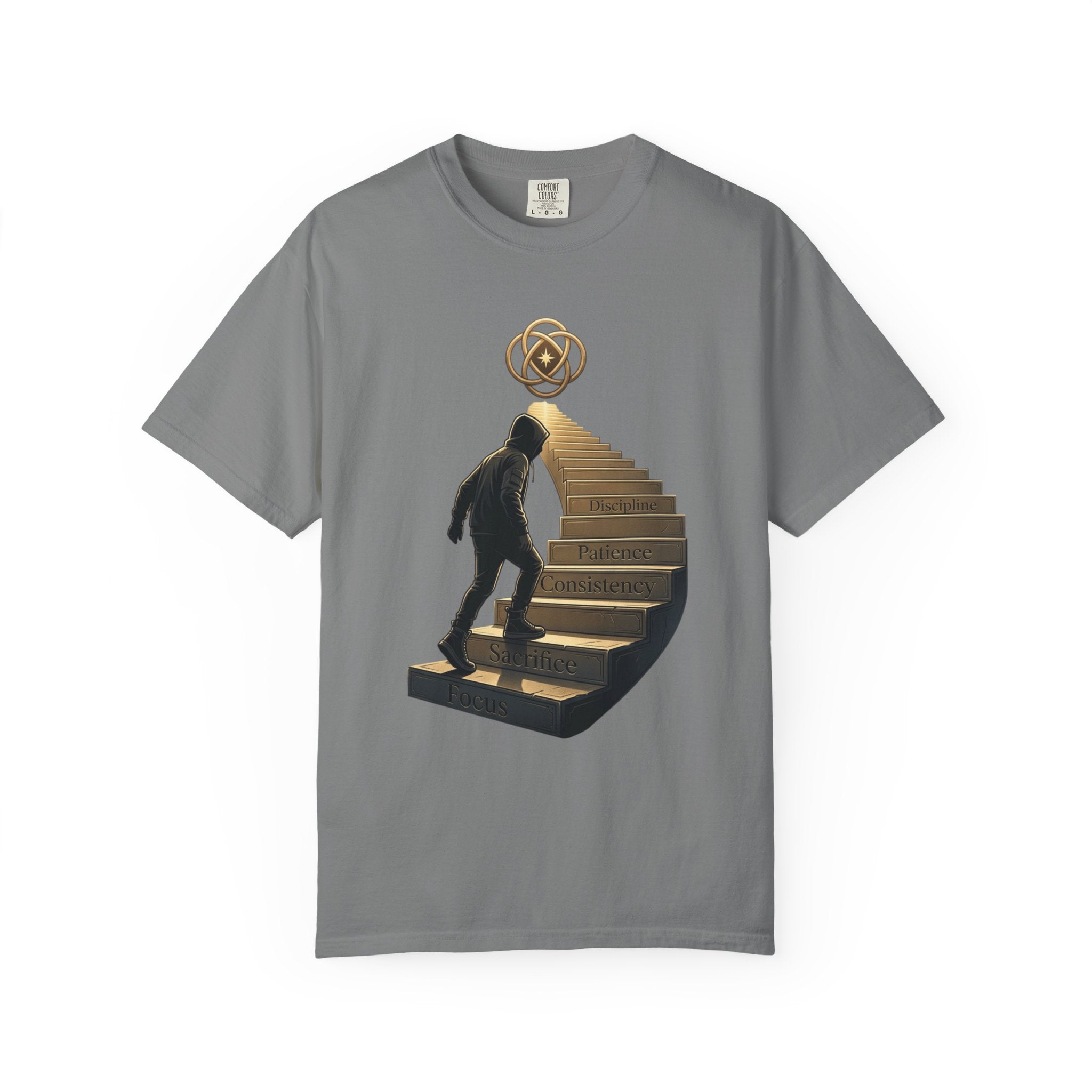 Printify PRB Stairway of Growth T-Shirt | Person Ascending Steps with Symbols - T-Shirt