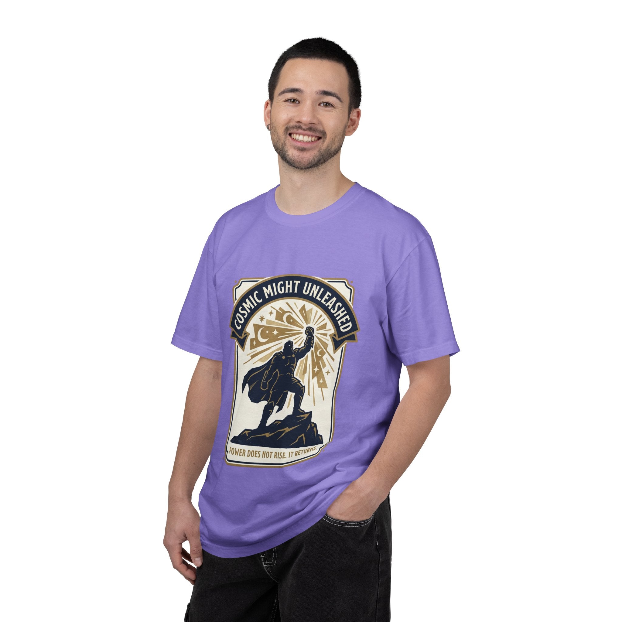 PRB Starforged Flex Cosmic Might Unleashed T-Shirt — Retro Superhero Space Graphic ('Power Does Not Rise, It Returns') by Power Runs Black