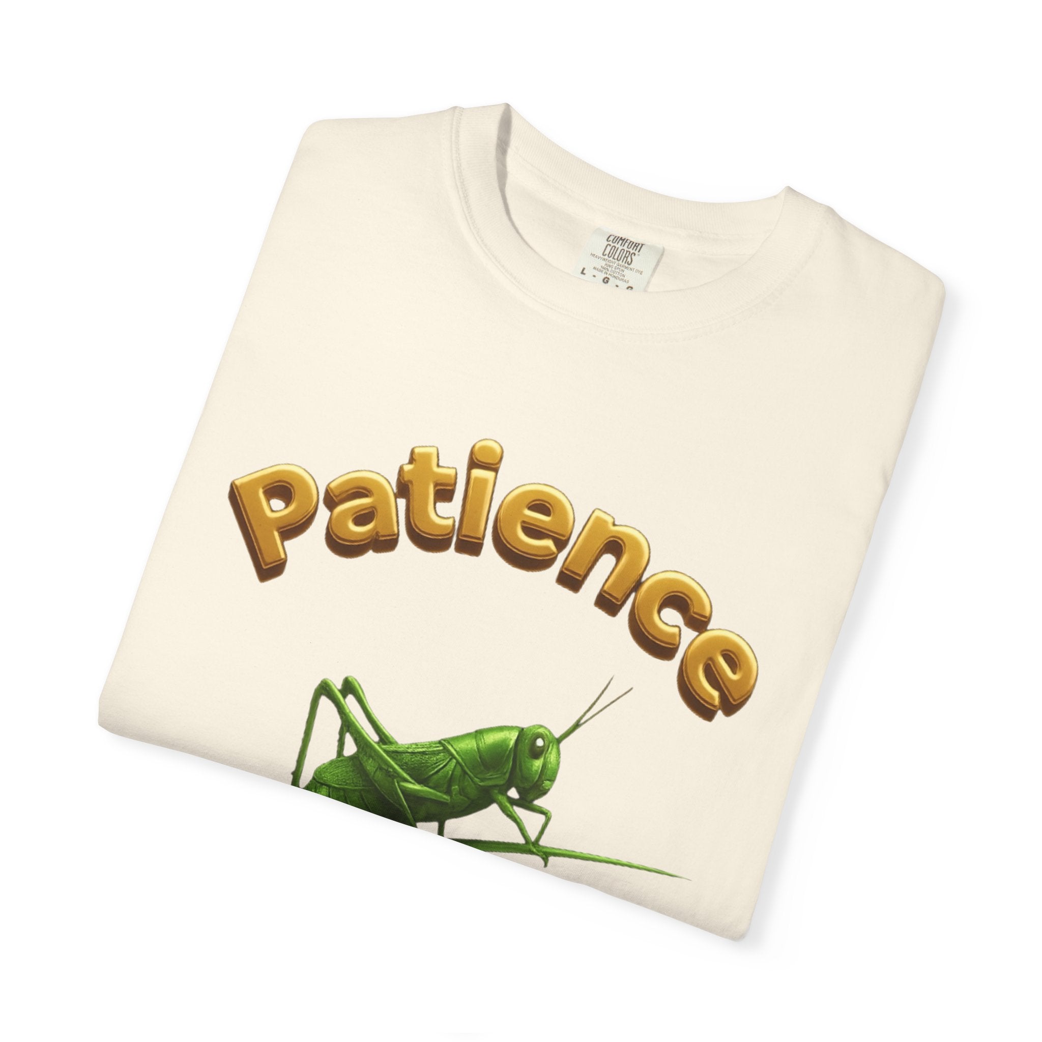 PRB Patience Grasshopper T-shirt | Green Grasshopper Illustration, Positive Quote by Power Runs Black