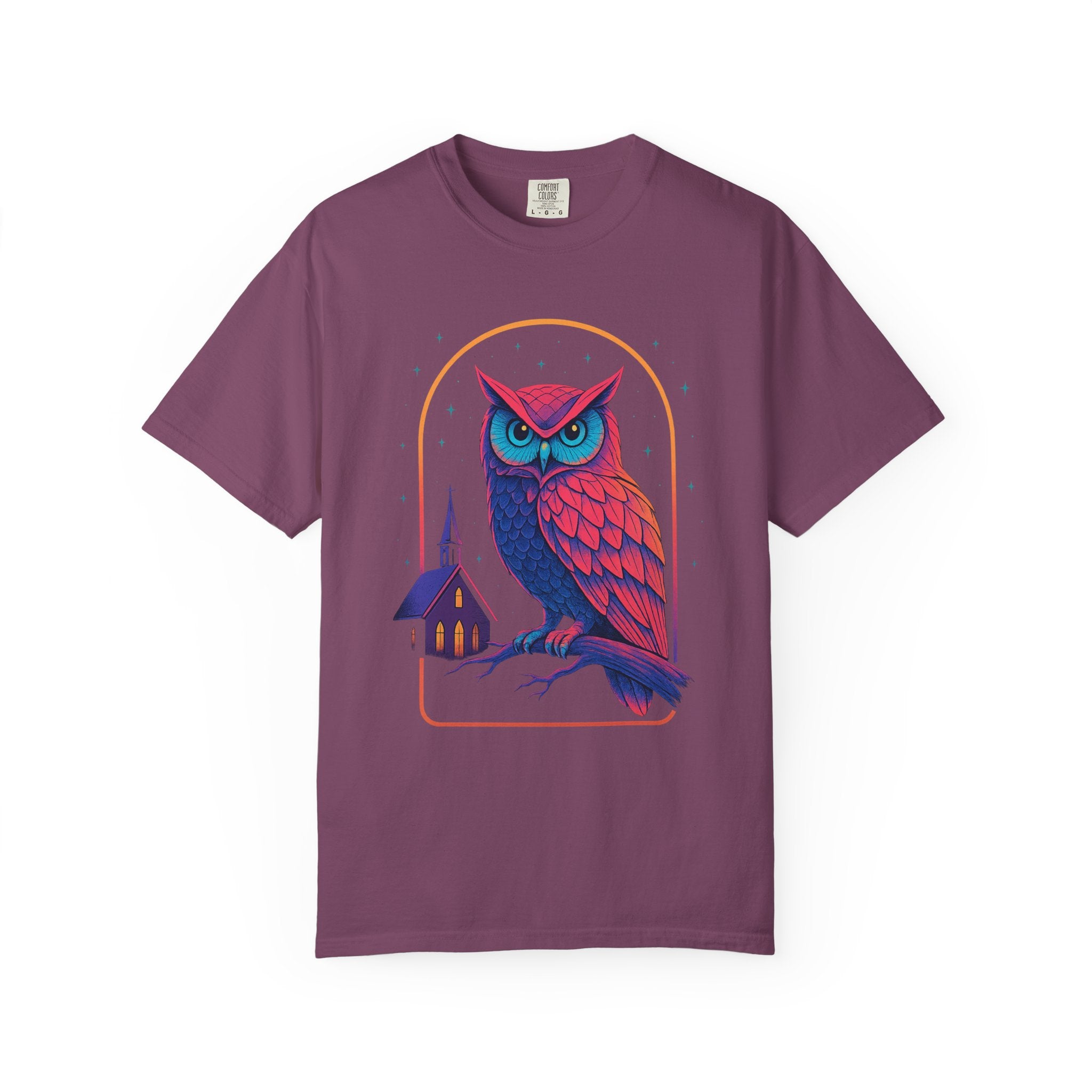 Neon Owl Illustration T-Shirt | Night Church Graphic Tee by Printify