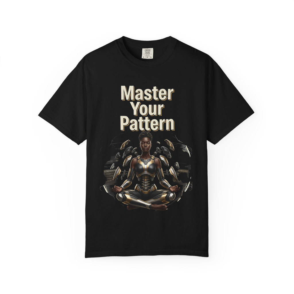 Printify PRB Master Your Pattern T-Shirt | Meditative Black Figure, Gold Accents - T-Shirt