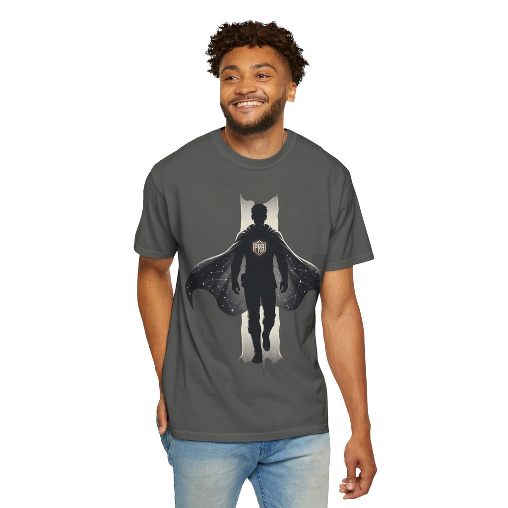 Power Runs Black Silhouette PRB Superhero with Cape T-shirt | Night Sky Emblem, Graphic Tee by Printify