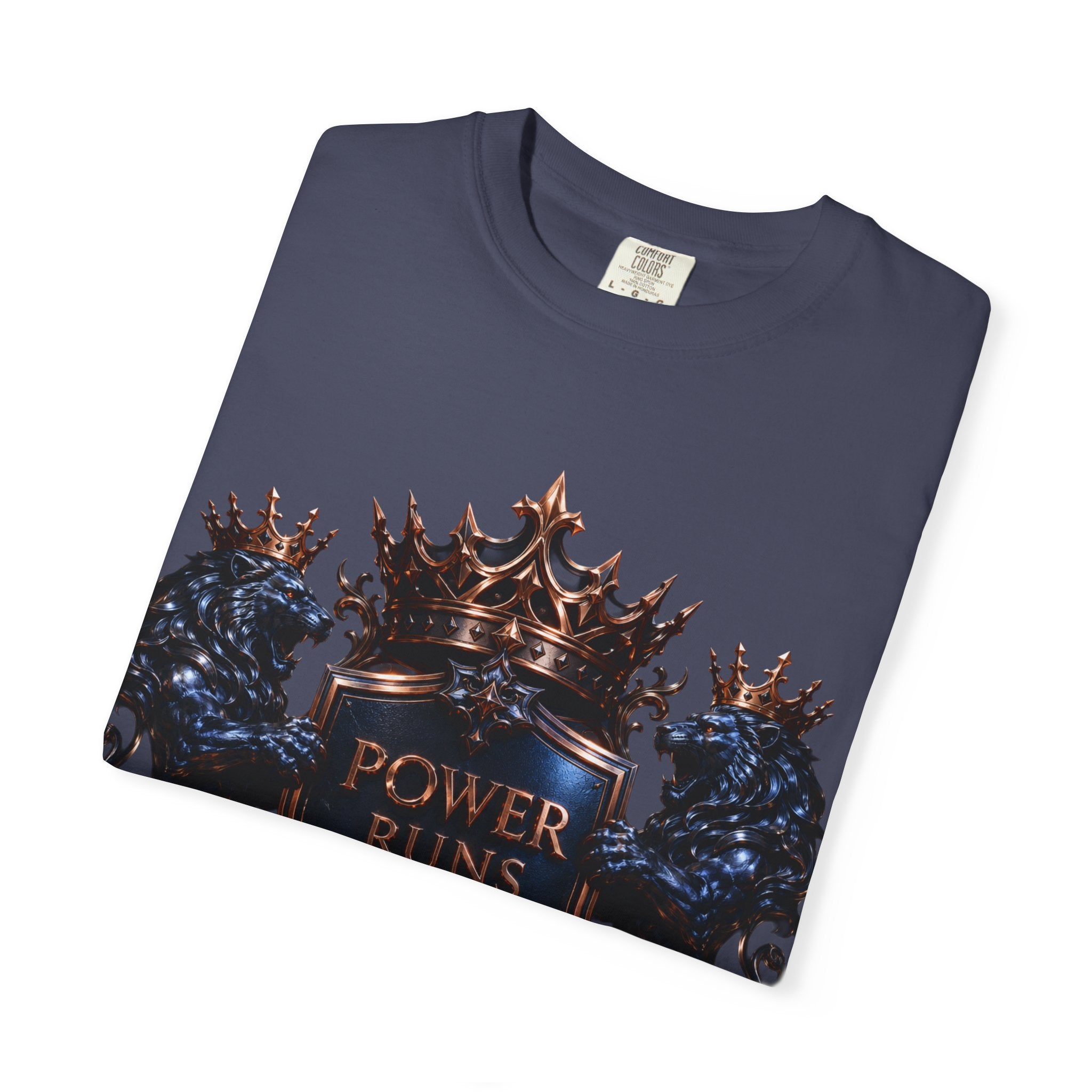 Power Runs Black Crest T-shirt | Heraldic Lion Shield Tee by Power Runs Black