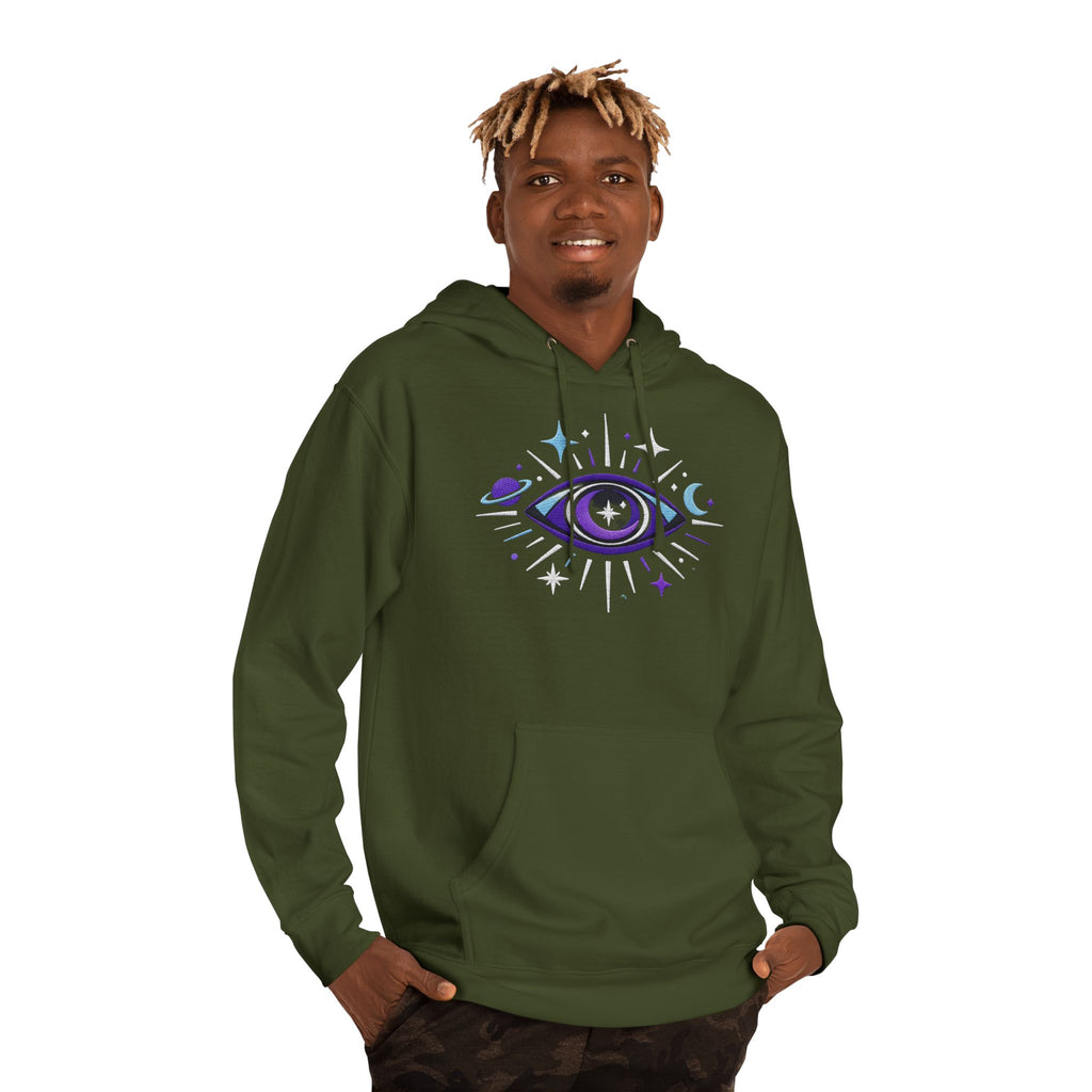 PRB Mystic Purple All-Seeing Eye Hoodie | Celestial Stars Moon by Power Runs Black