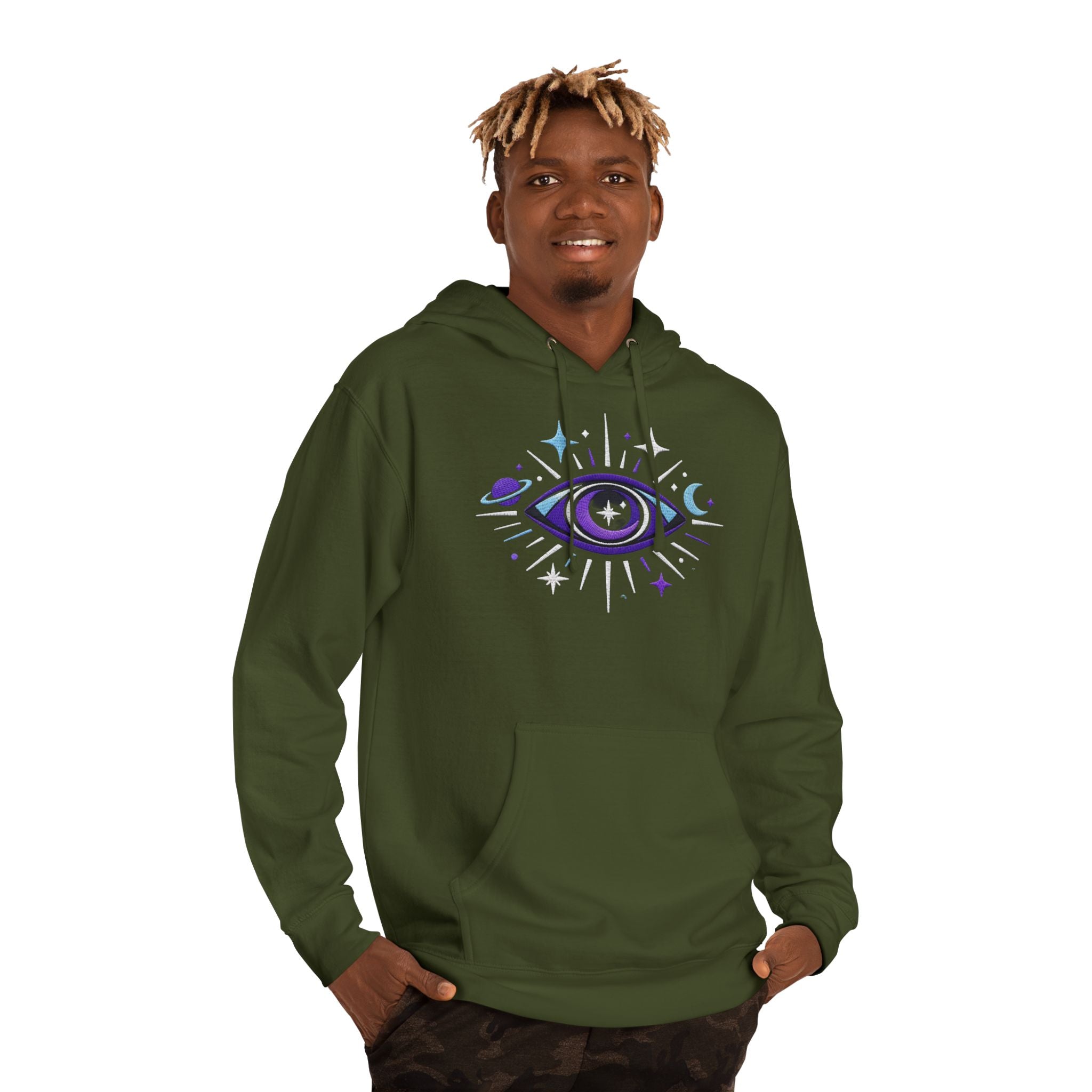 PRB Mystic Purple All-Seeing Eye Hoodie | Celestial Stars Moon by Power Runs Black
