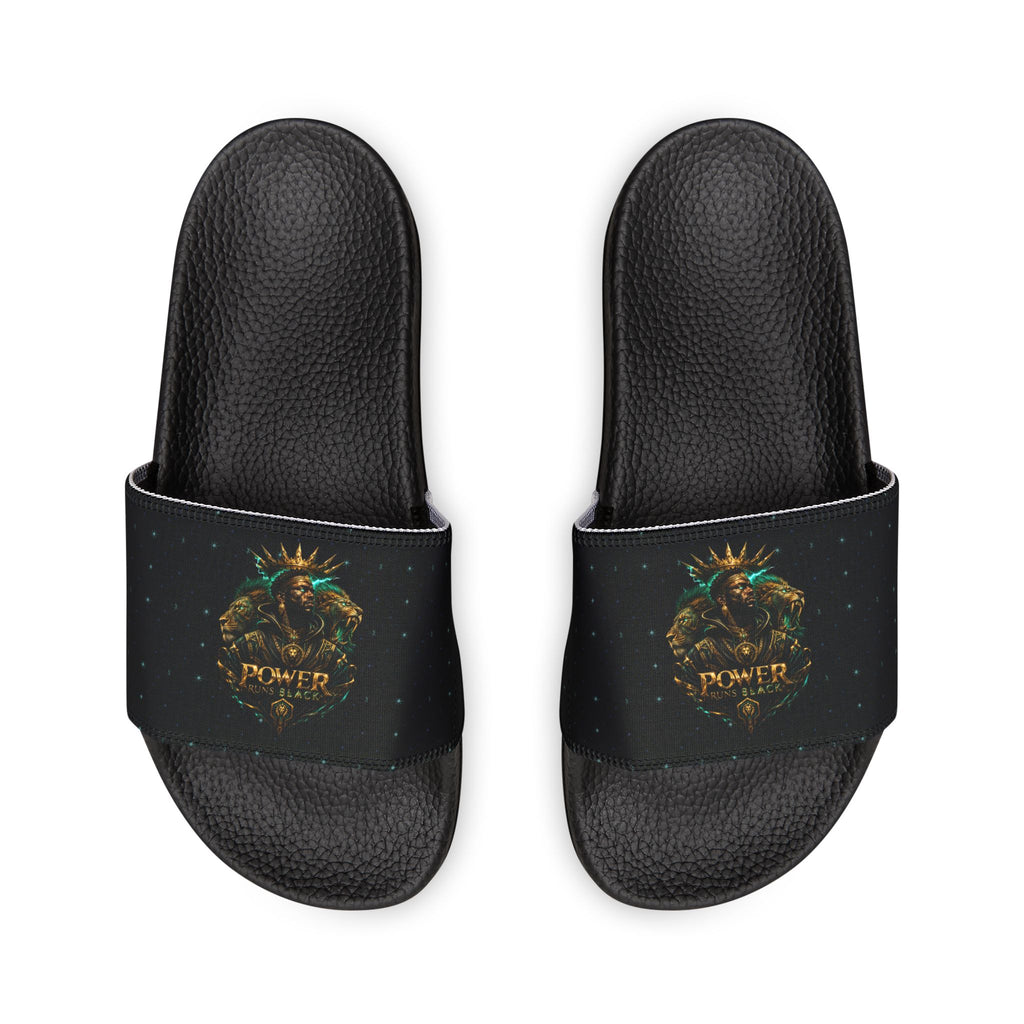 Power Runs Black Slide Sandals - Black Mythical Crest Logo Slides for Men by Power Runs Black