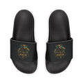 Power Runs Black Slide Sandals - Black Mythical Crest Logo Slides for Men by Power Runs Black