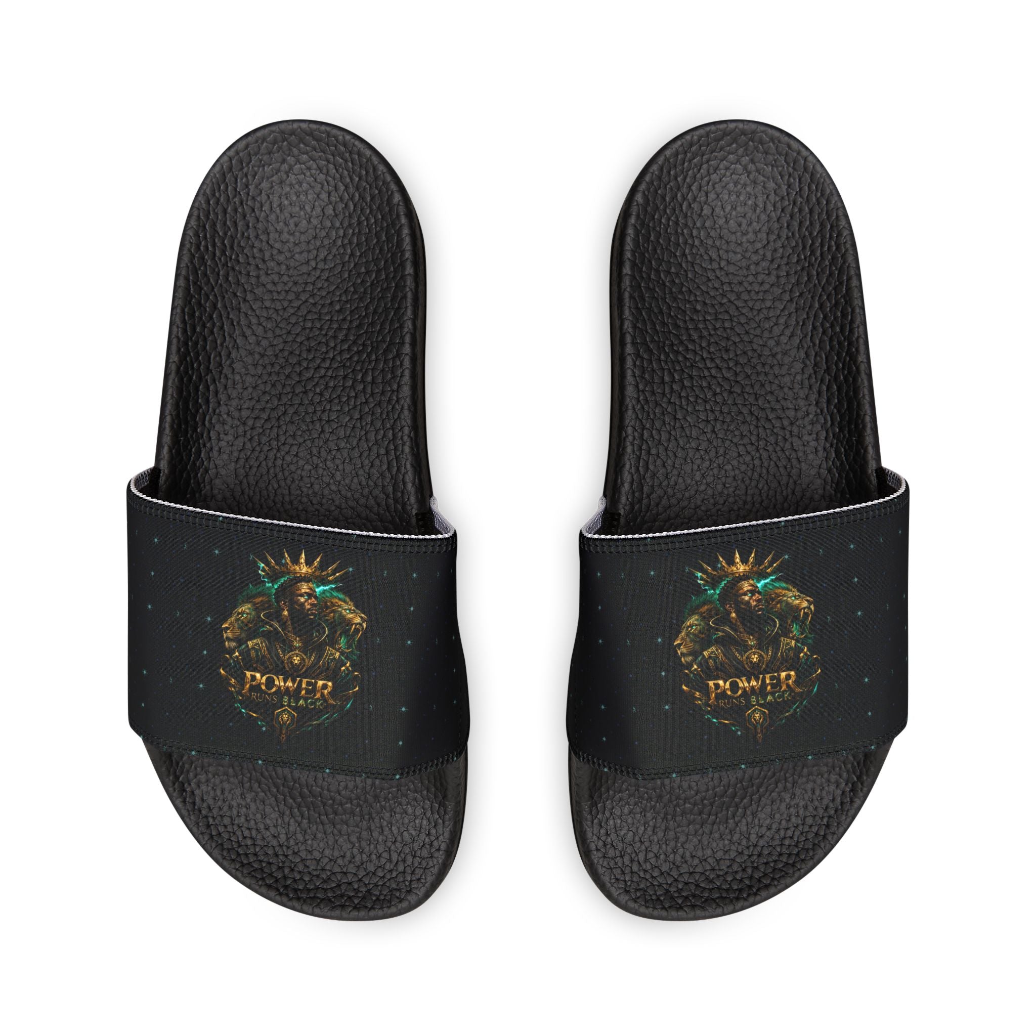 Power Runs Black Slide Sandals - Black Mythical Crest Logo Slides for Men by Power Runs Black