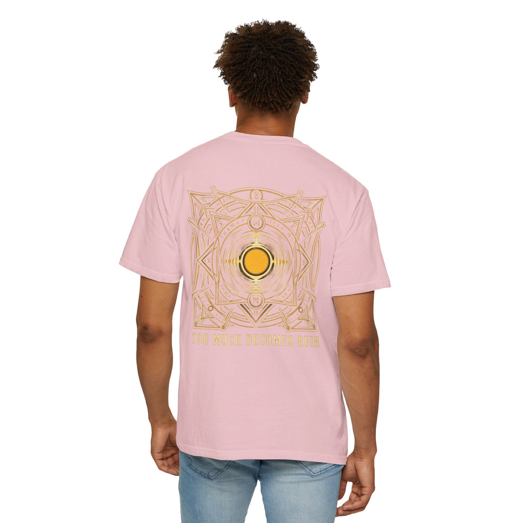 Power Runs Black PRB — Veyra Kain Geometric Sigil Tee with “Too Much Becomes Ruin” Graphic T-Shirt by Printify