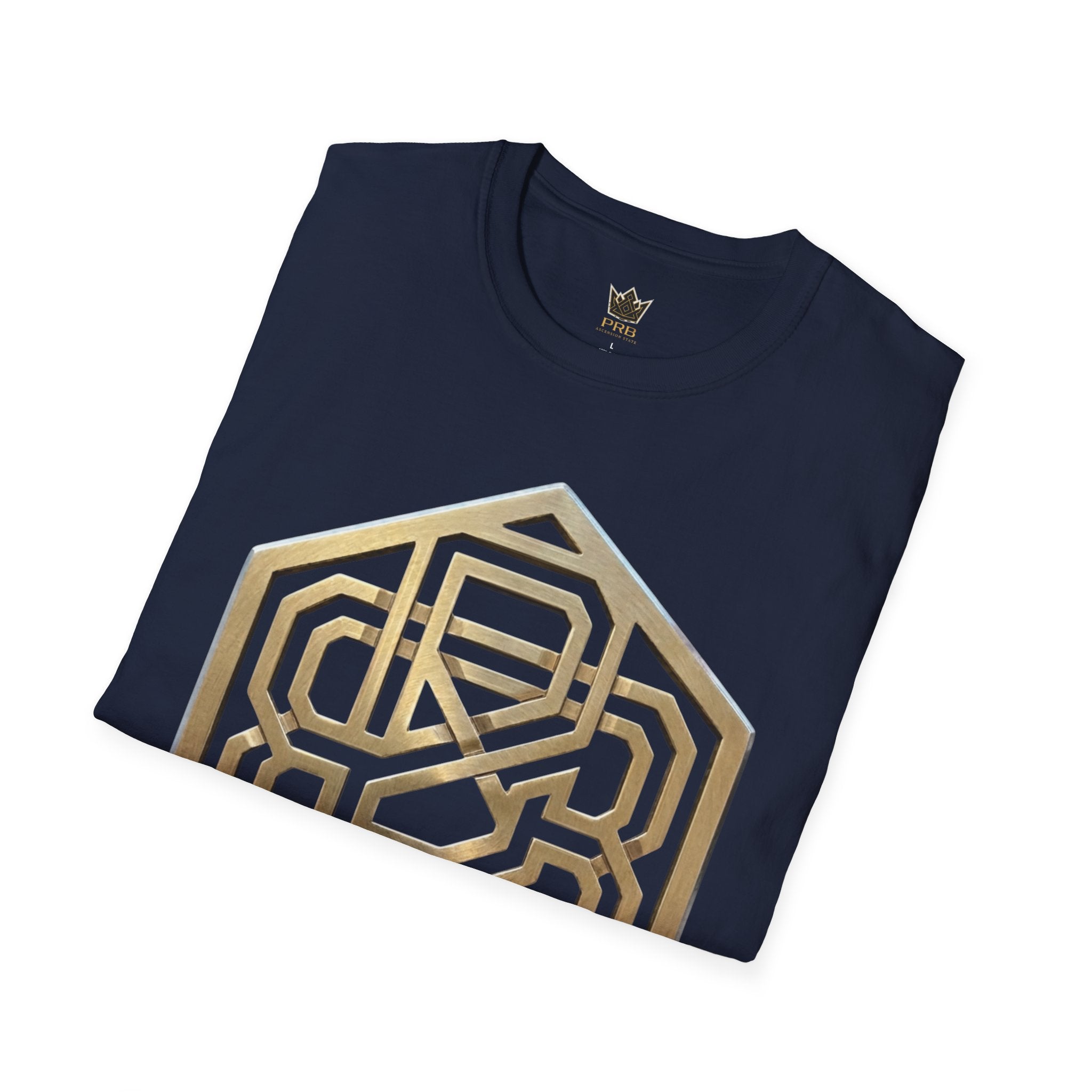 Power Runs Black PRB Geometric Gold Hexagon T-Shirt — Modern Maze Logo Tee by Printify