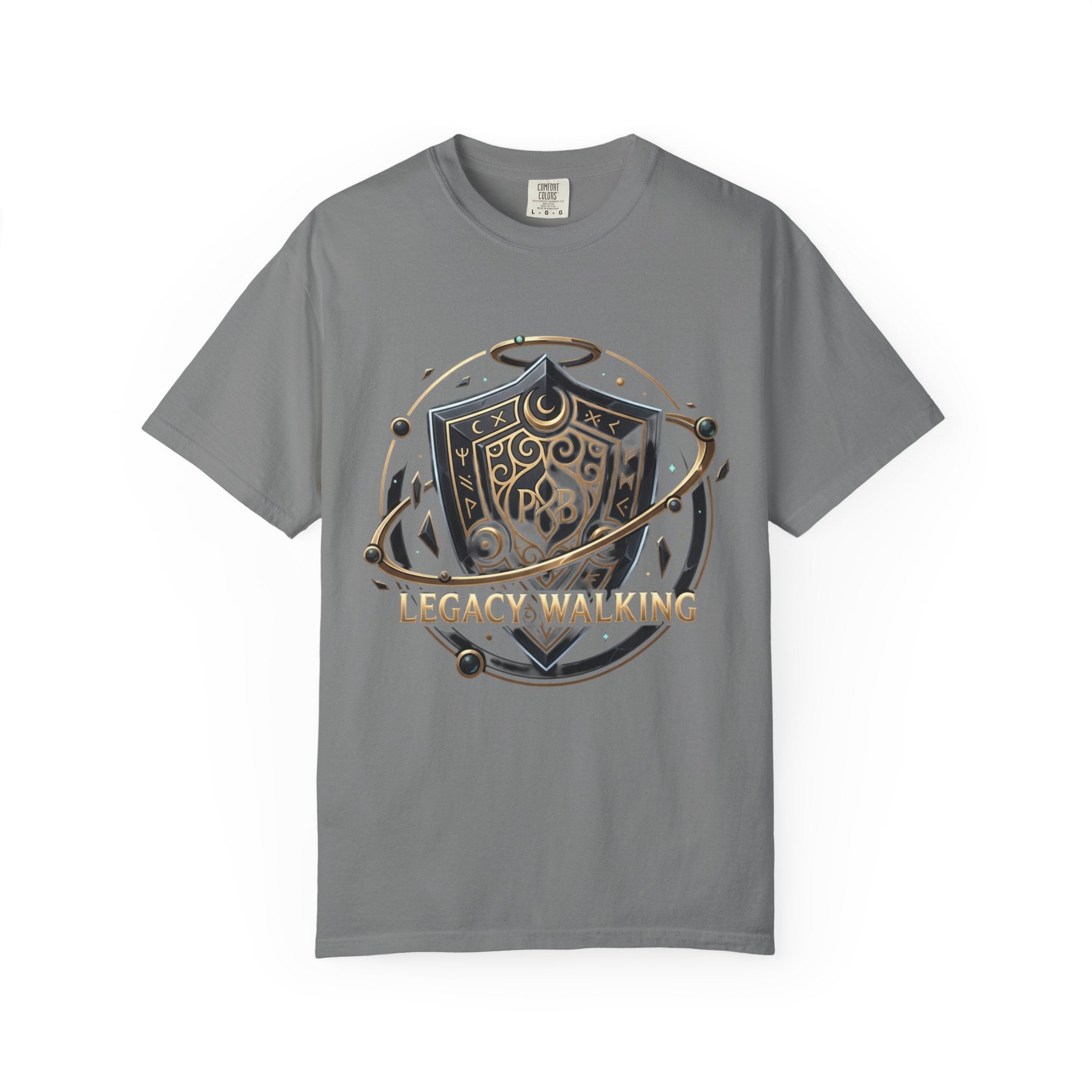 Legacy Walking Shield Graphic T-Shirt | Fantasy Crest Emblem Tee by Printify