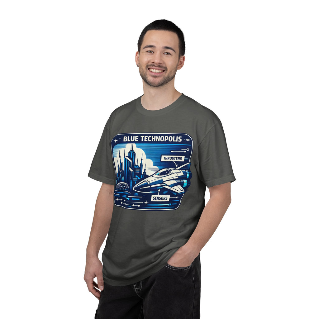 Power Runs Black PRB Technopolis Spacecraft T-Shirt — Blue Technopolis Retro Sci‑Fi Tee by Printify