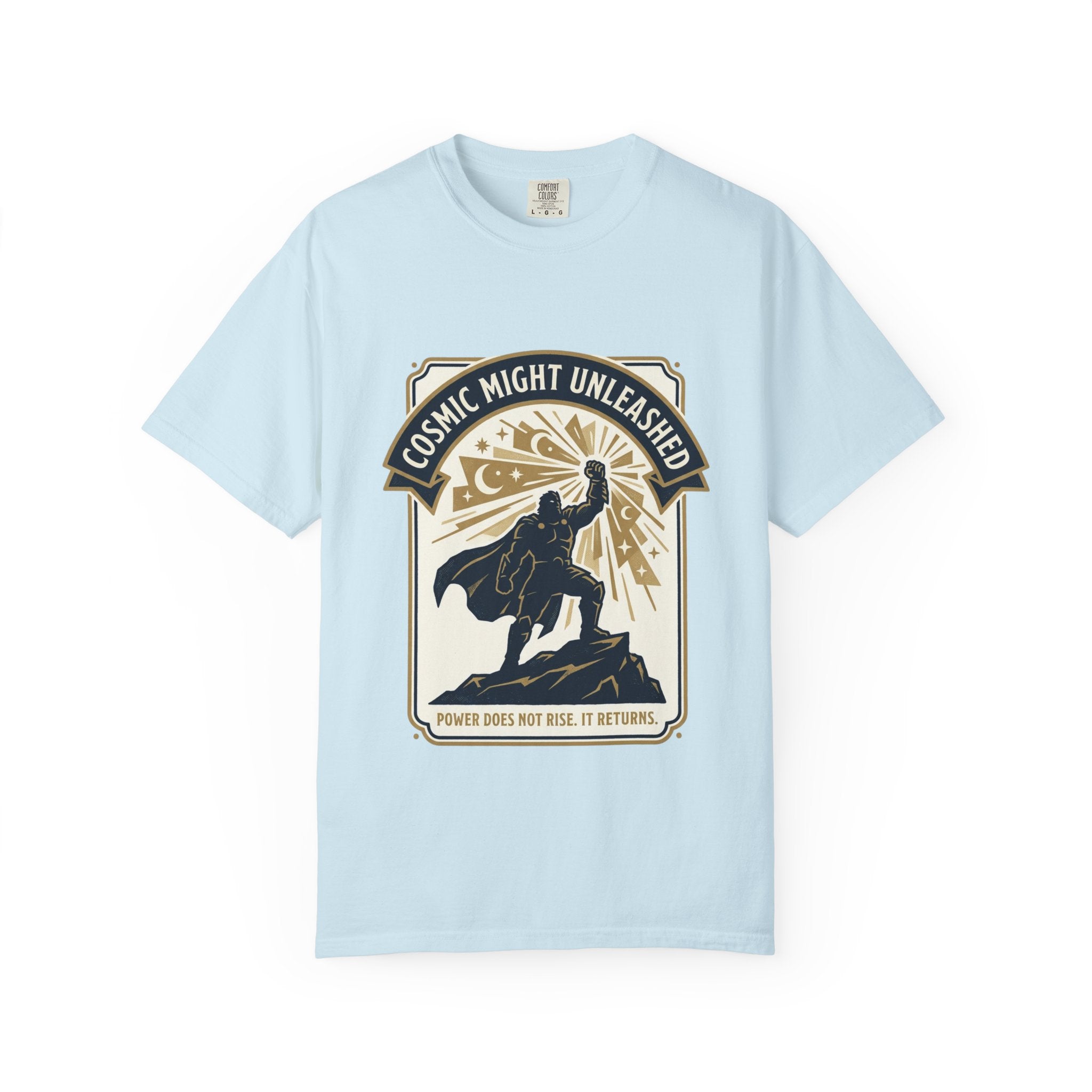 PRB Starforged Flex Cosmic Might Unleashed T-Shirt — Retro Superhero Space Graphic ('Power Does Not Rise, It Returns') by Power Runs Black