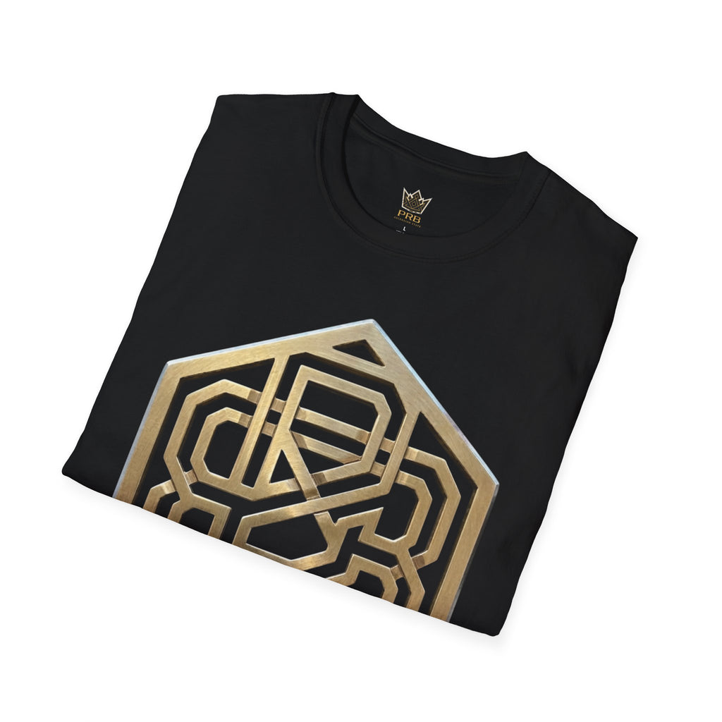 Power Runs Black PRB Geometric Gold Hexagon T-Shirt — Modern Maze Logo Tee by Power Runs Black