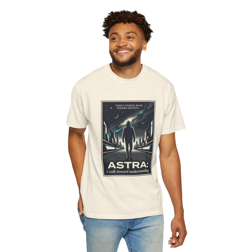 Power Runs Black Astra Sci‑Fi Graphic T-Shirt — "I walk toward understanding" Poster Design by Power Runs Black