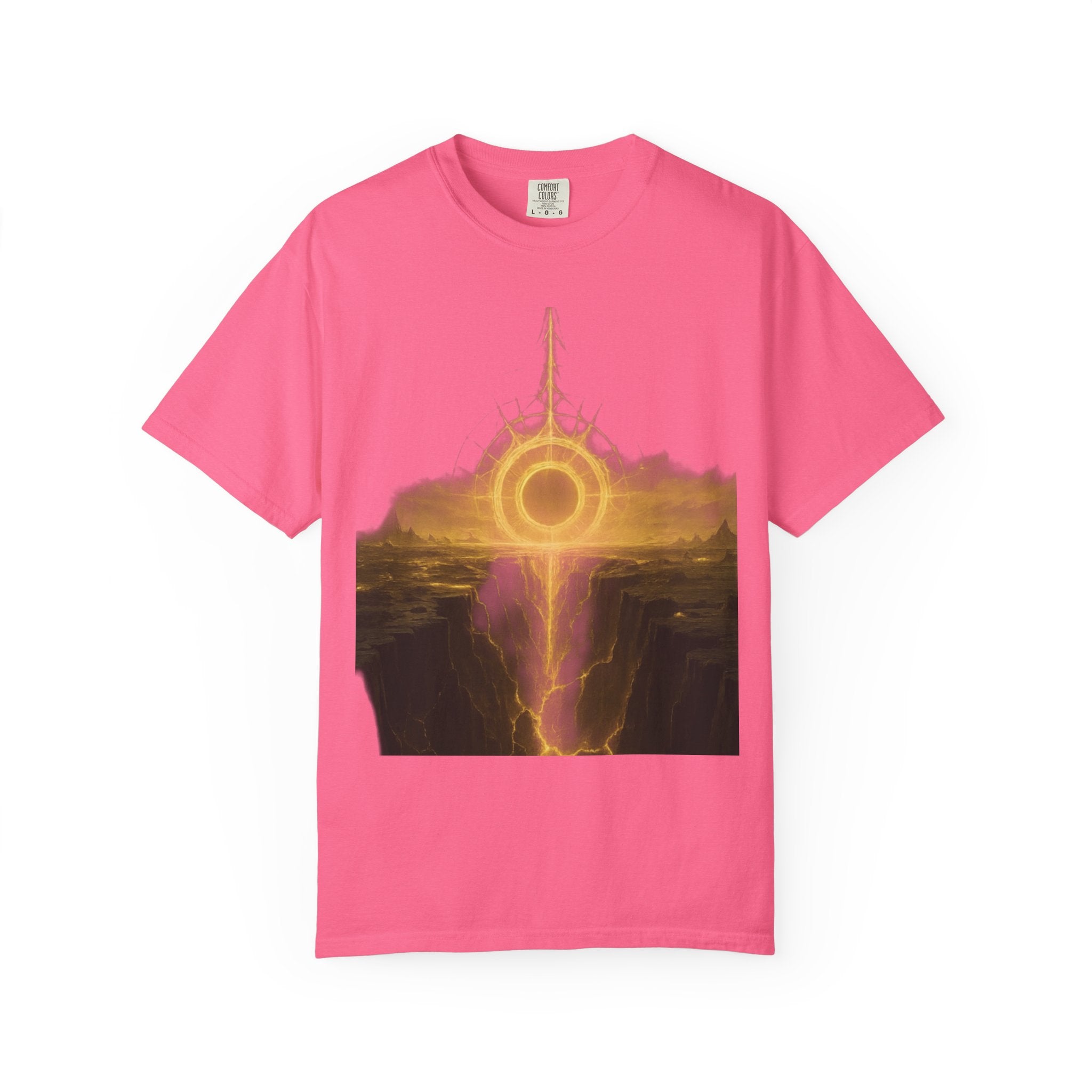 Power Runs Black PRB Golden Eclipse Portal T-shirt | Fantasy Landscape, Mystic Ring, Tower Art by Power Runs Black