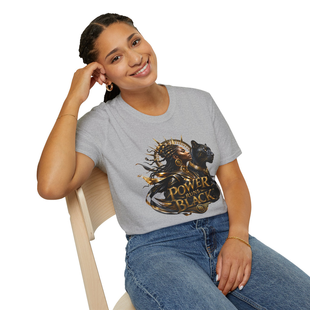 Power Runs Black PRB | Black Woman Portrait, Gold Accents Panther Graphics T by Printify