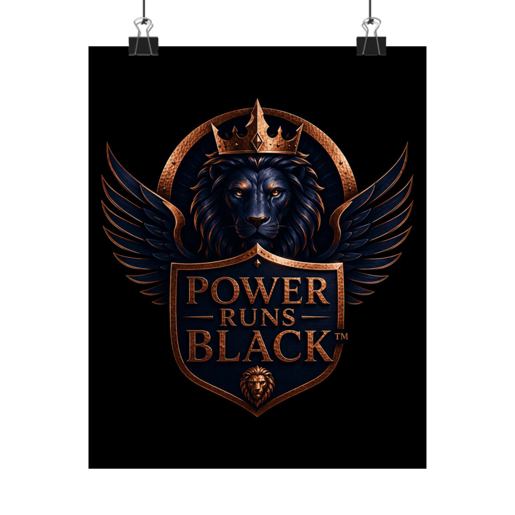 Power Runs Black Matte Poster — Regal Lion Crest Wall Art by Power Runs Black