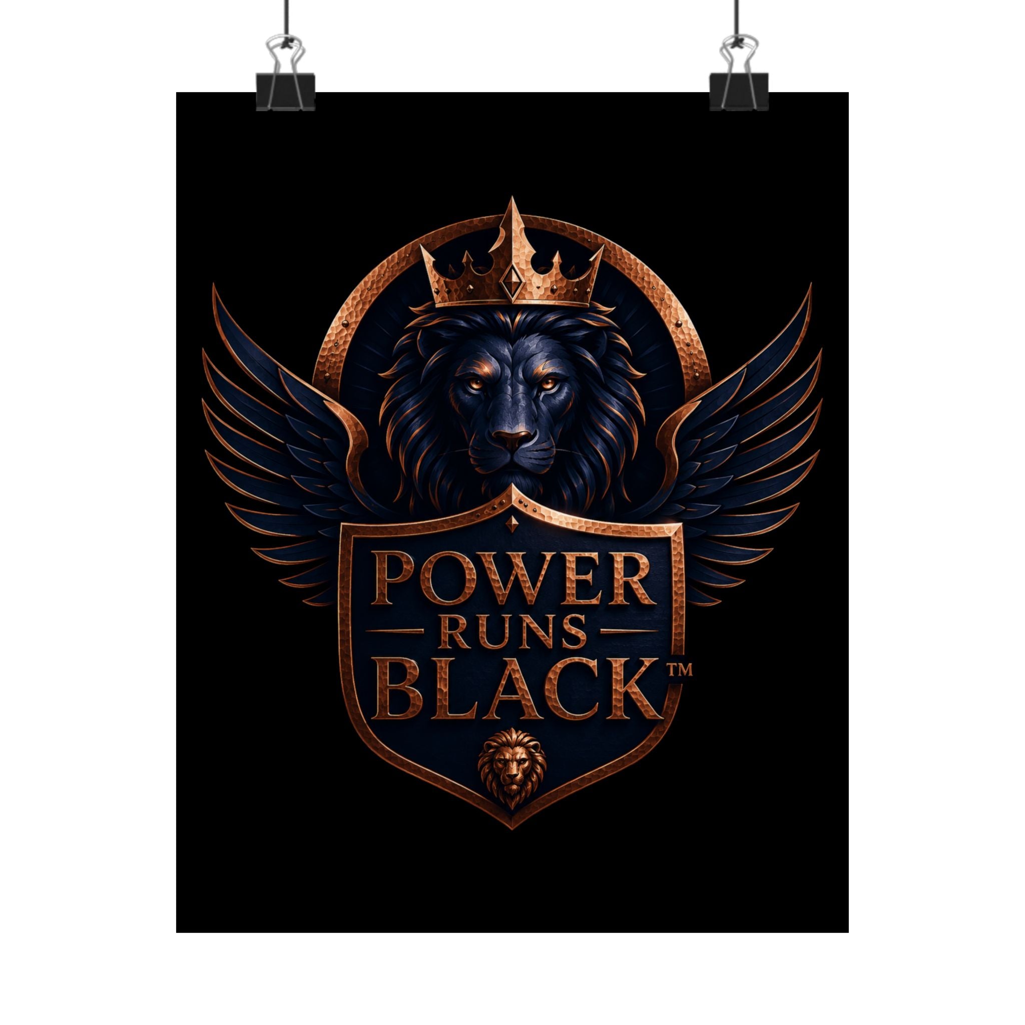 Power Runs Black Matte Poster — Regal Lion Crest Wall Art by Power Runs Black