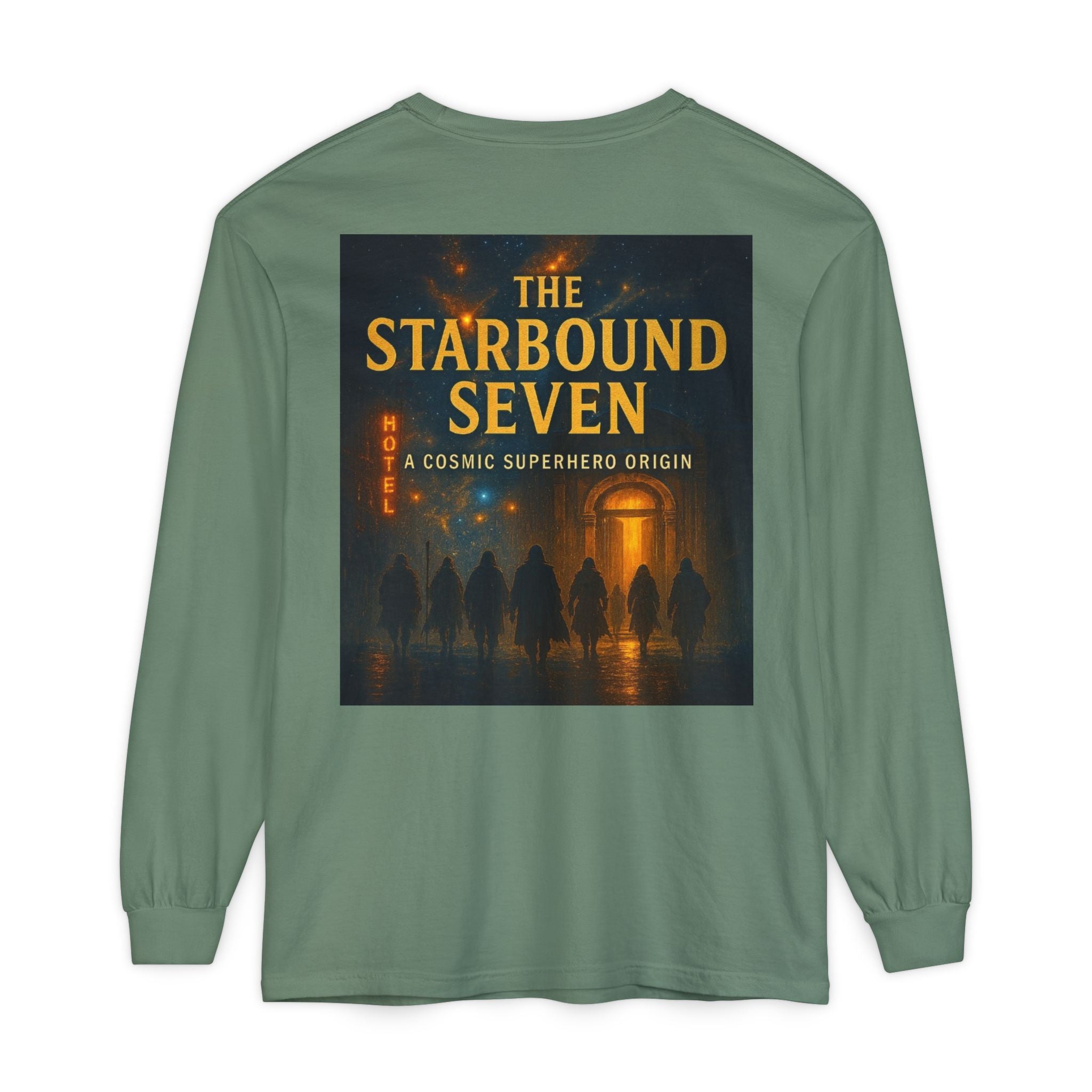 PRB The Starbound Seven graphic long sleeve shirt | cosmic superhero poster by Power Runs Black