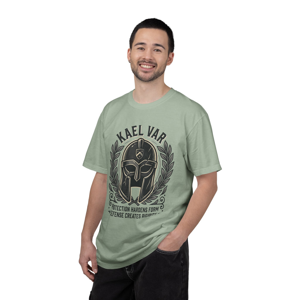 Power Runs Black PRB Kael Var Helmet Graphic T-Shirt — "Protection Hardens Form" Warrior Tee by Power Runs Black