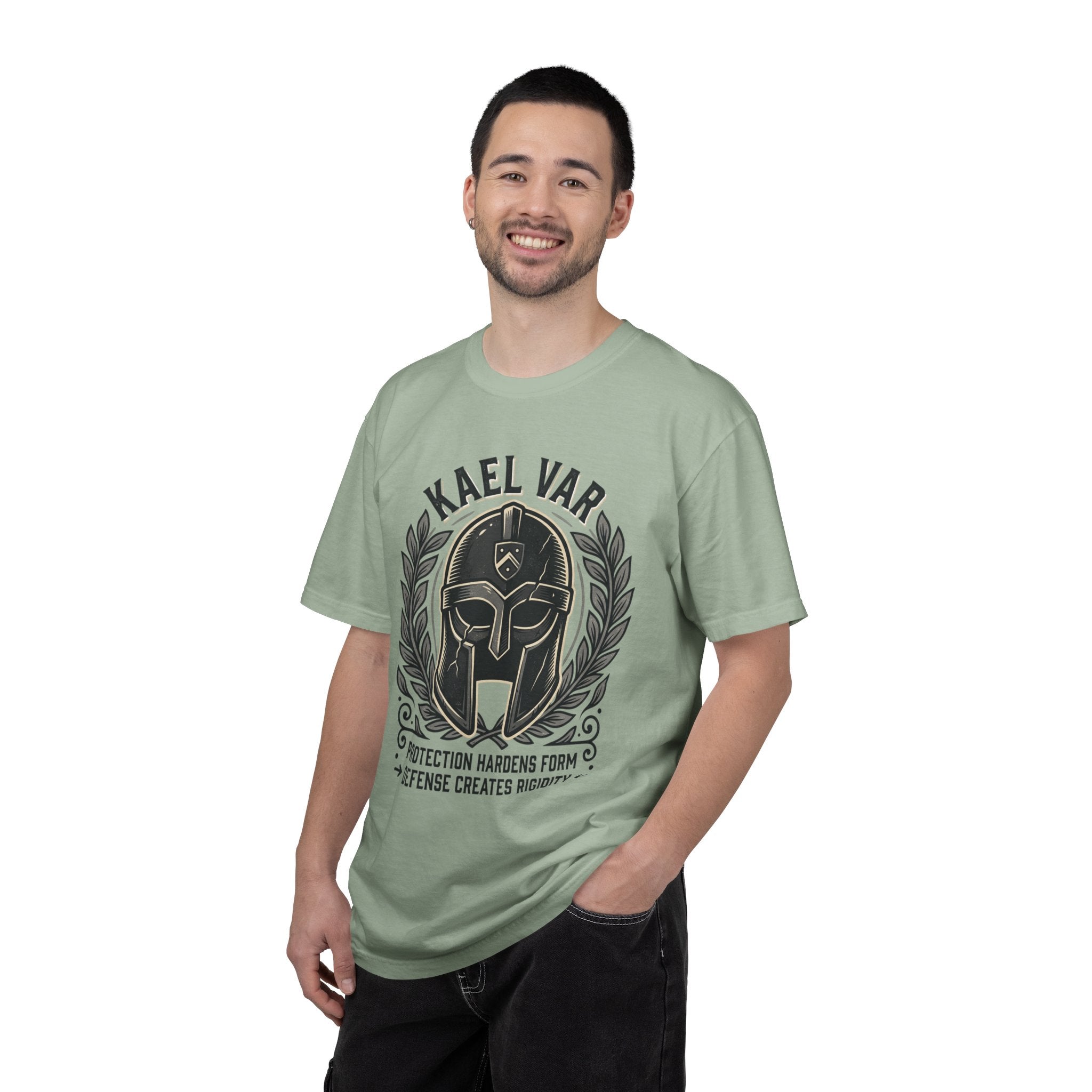Power Runs Black PRB Kael Var Helmet Graphic T-Shirt — "Protection Hardens Form" Warrior Tee by Printify