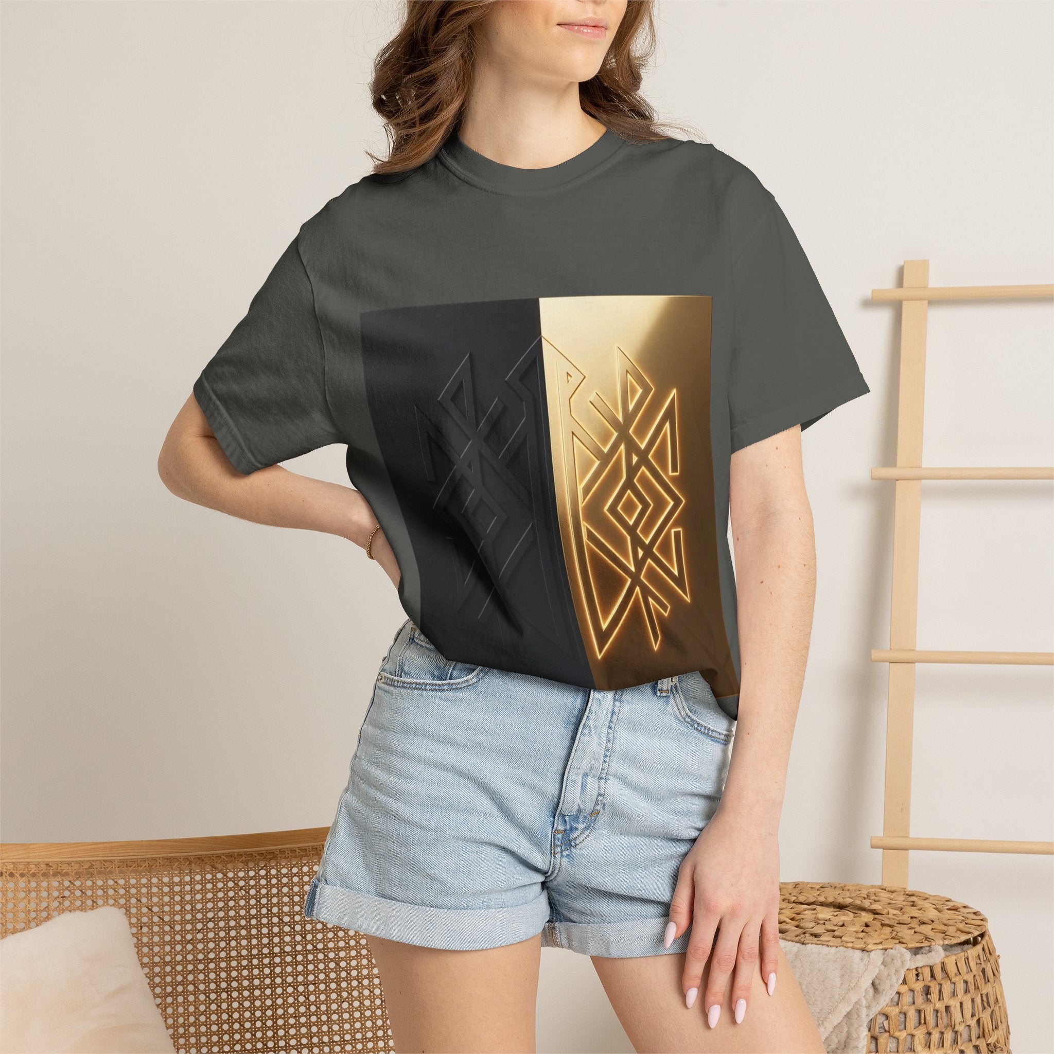 Power Runs Black PRB Geometric Split Glow T-Shirt — Black & Gold Tribal Diamond Graphic by Power Runs Black