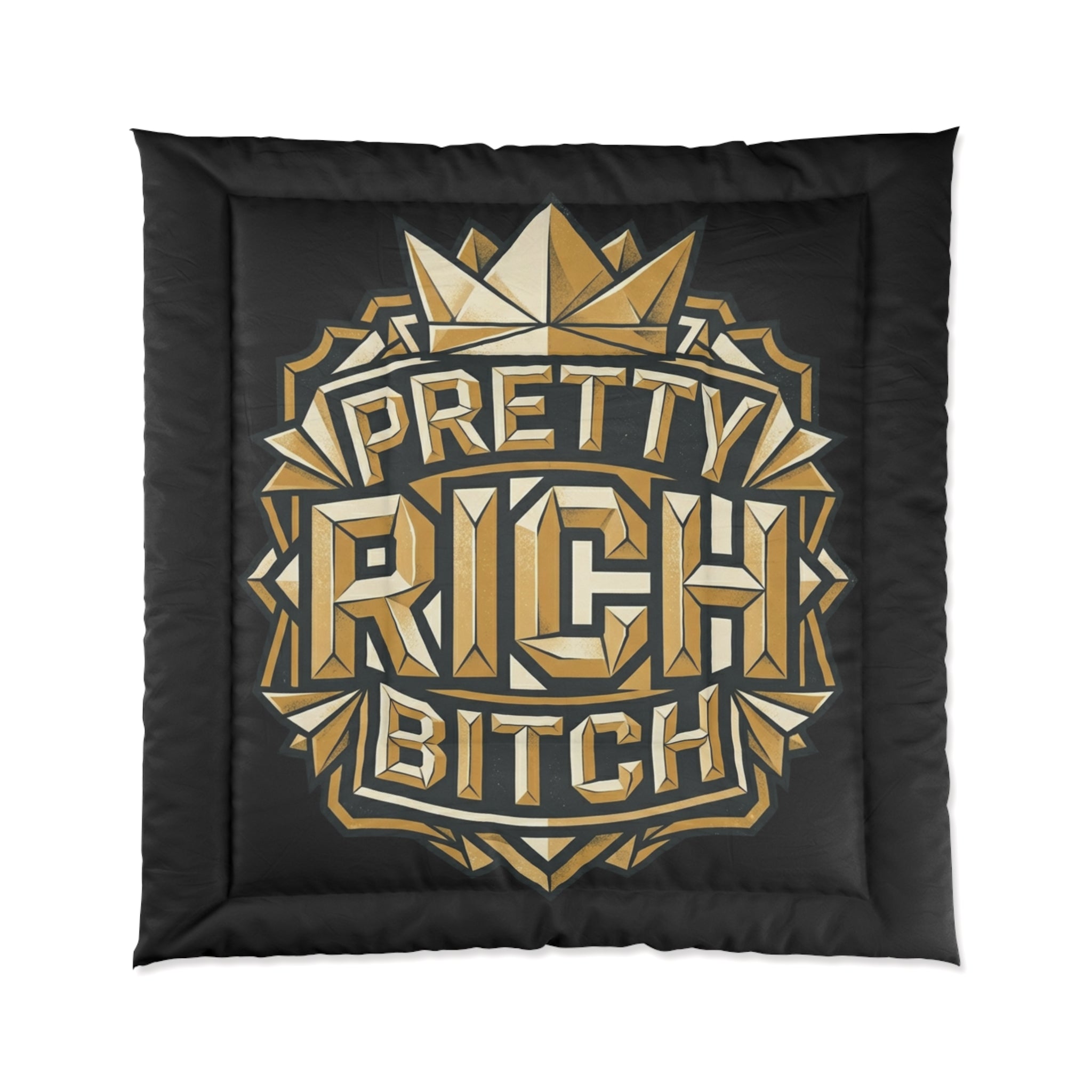 PRB Pretty Rich Bitch Comforter — Bold Gold Art Deco Luxe Bedding by Power Runs Black