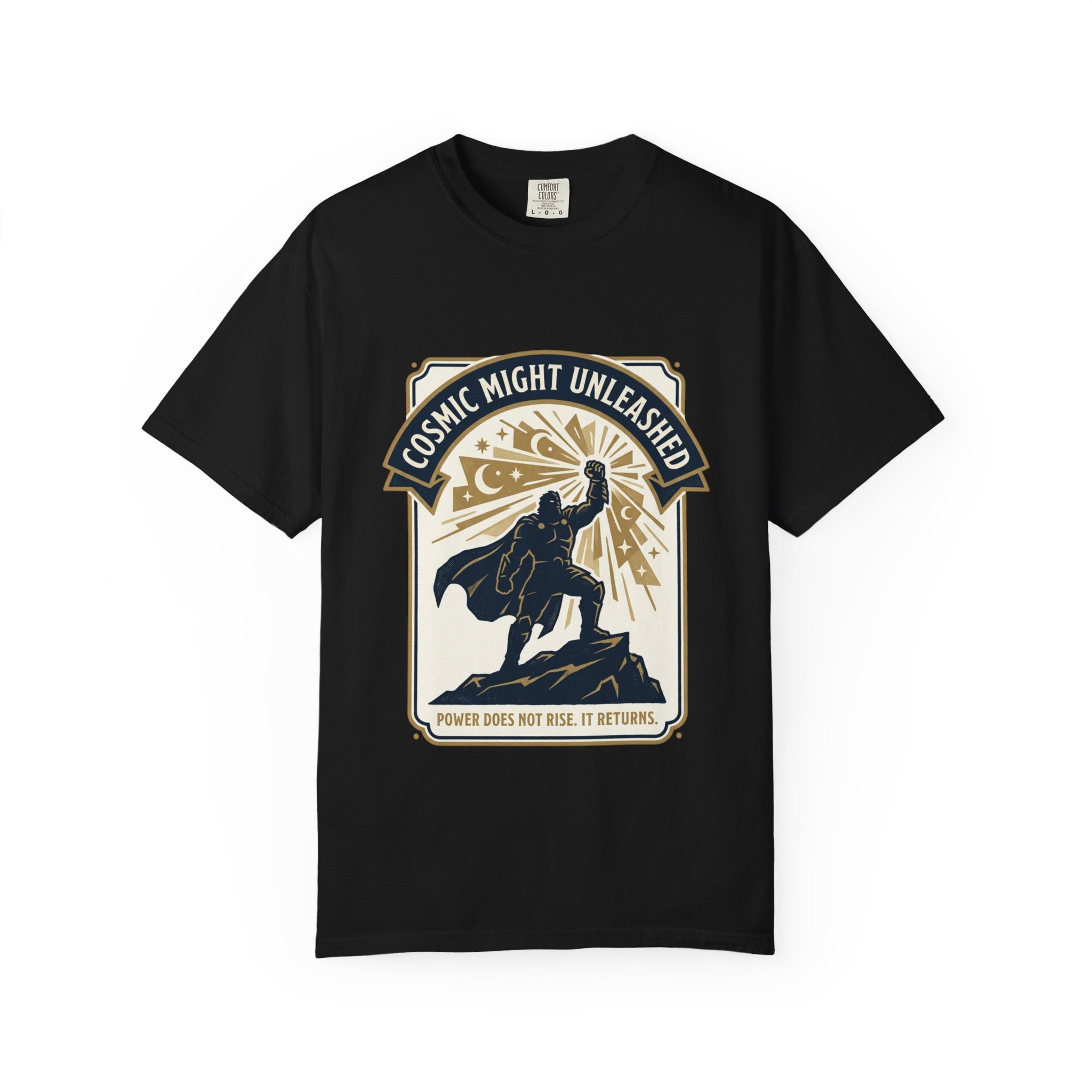 PRB Starforged Flex Cosmic Might Unleashed T-Shirt — Retro Superhero Space Graphic ('Power Does Not Rise, It Returns') by Power Runs Black