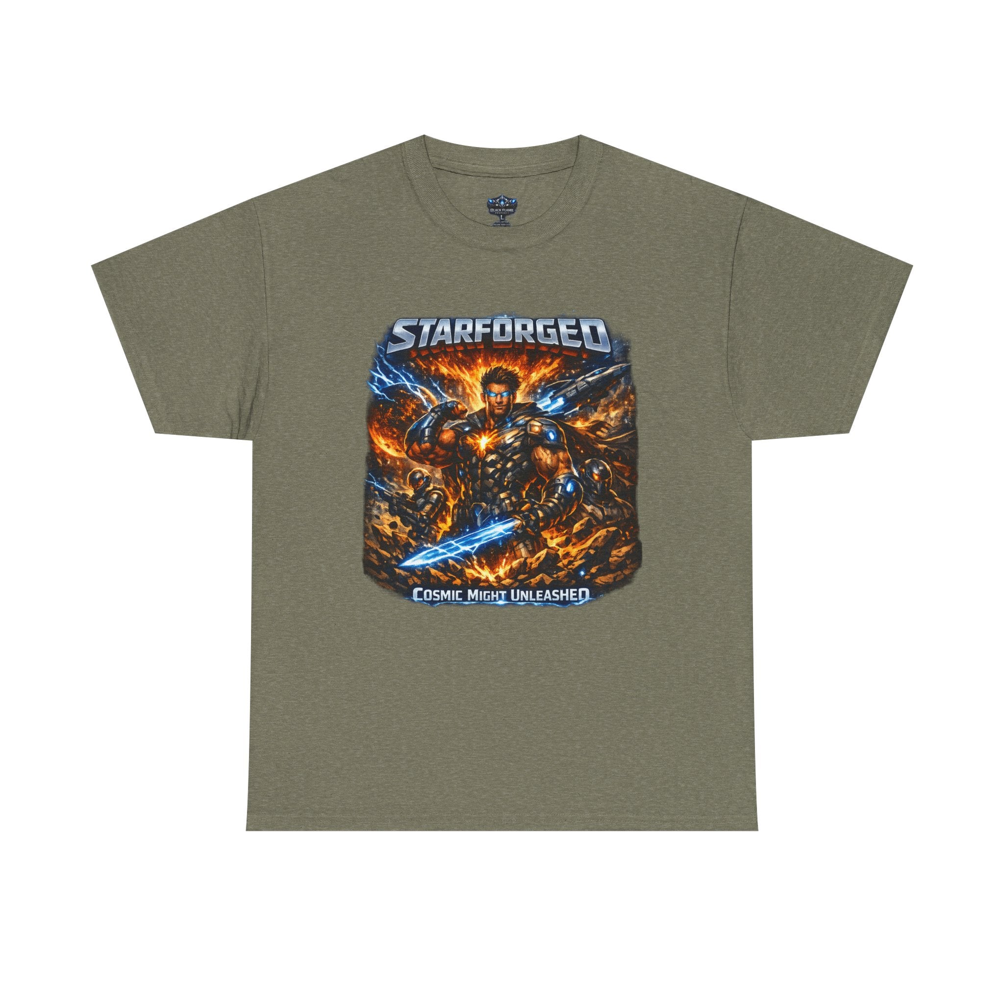 Starforged Flex : Cosmic Might Unleashed Illustration Graphic T by Power Runs Black