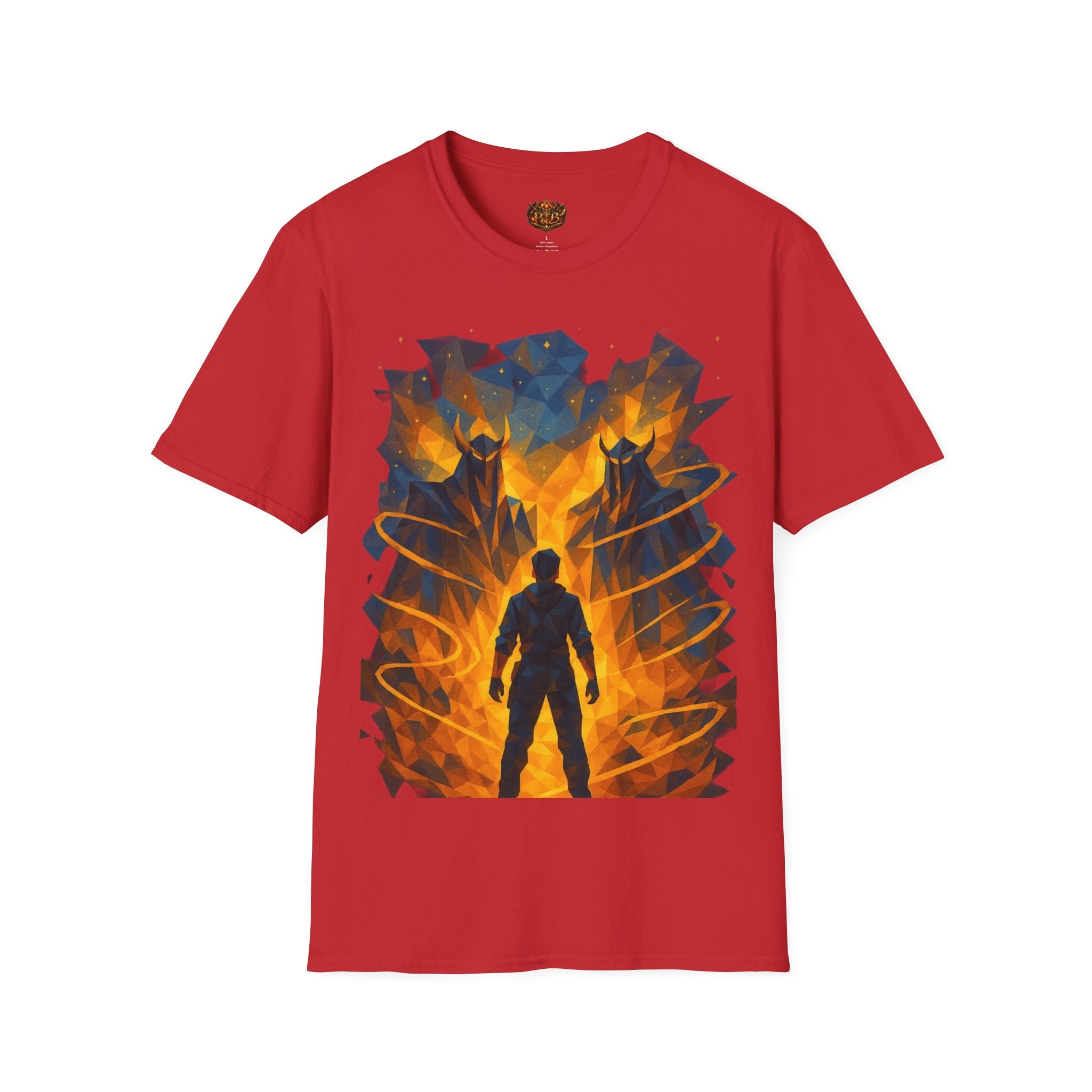 PRB Flame Silhouette Warrior T-Shirt | Fiery Geometric Backdrop by Power Runs Black