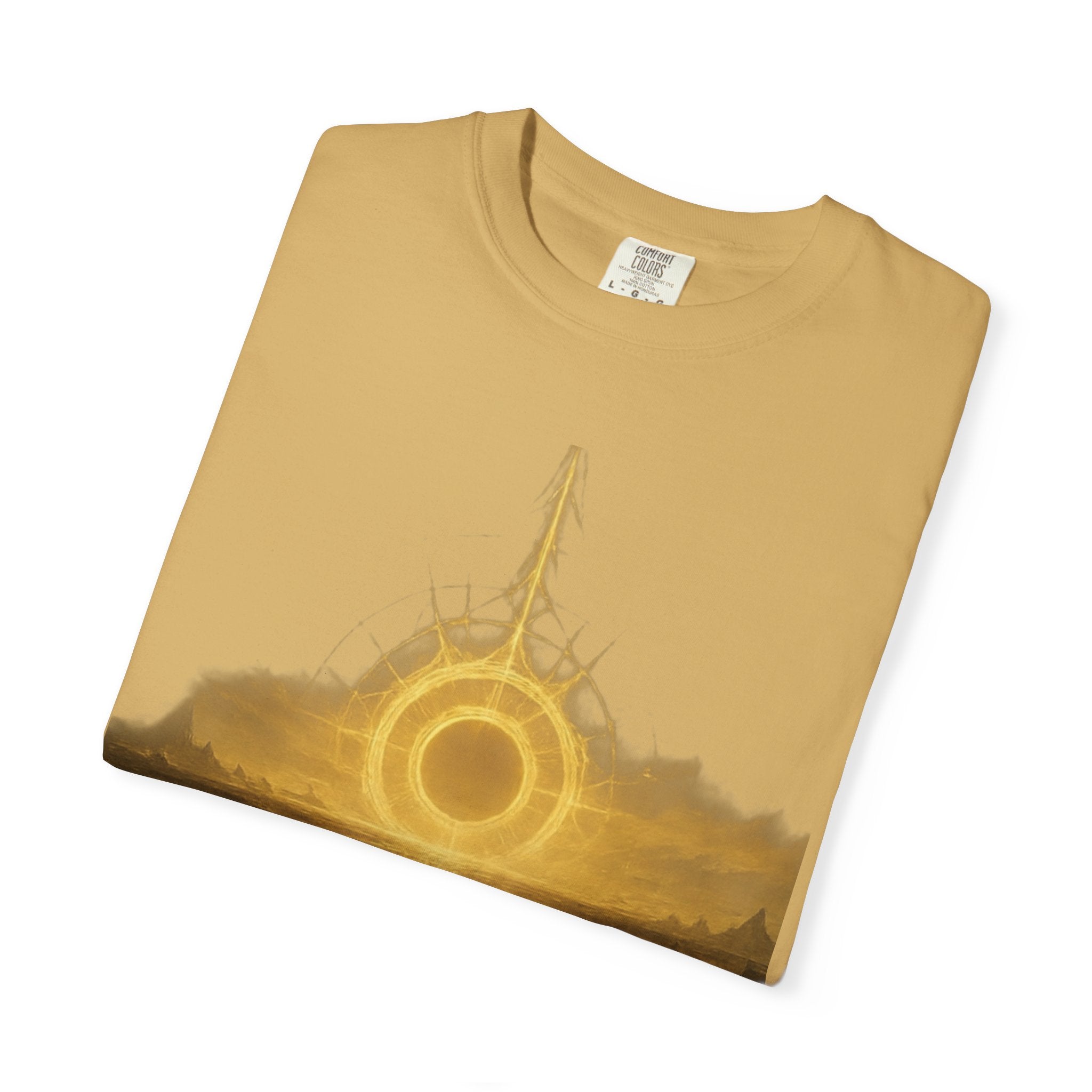 Power Runs Black PRB Golden Eclipse Portal T-shirt | Fantasy Landscape, Mystic Ring, Tower Art by Power Runs Black