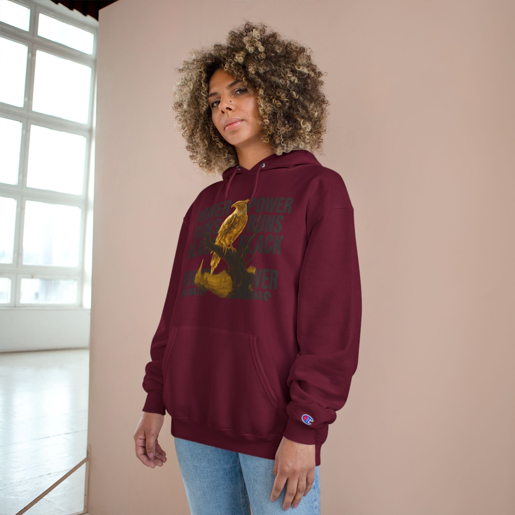PRB Champion Hoodie — 'Power Runs Black' Golden Bird Graphic Pullover by Power Runs Black