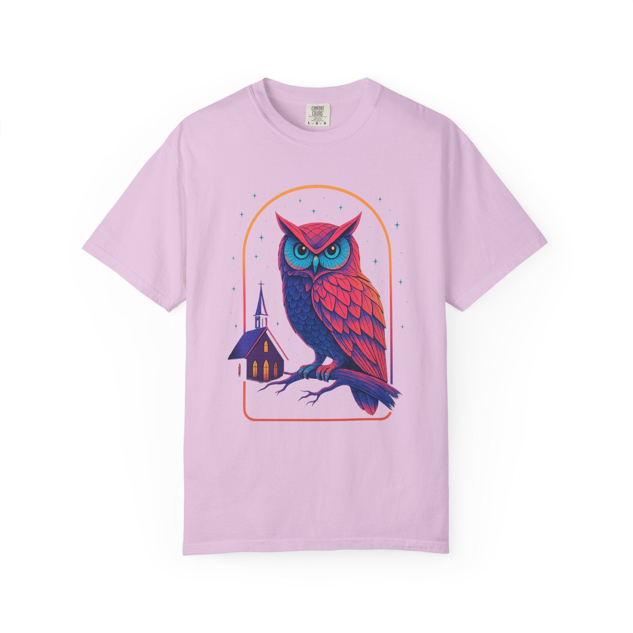 Neon Owl Illustration T-Shirt | Night Church Graphic Tee by Printify