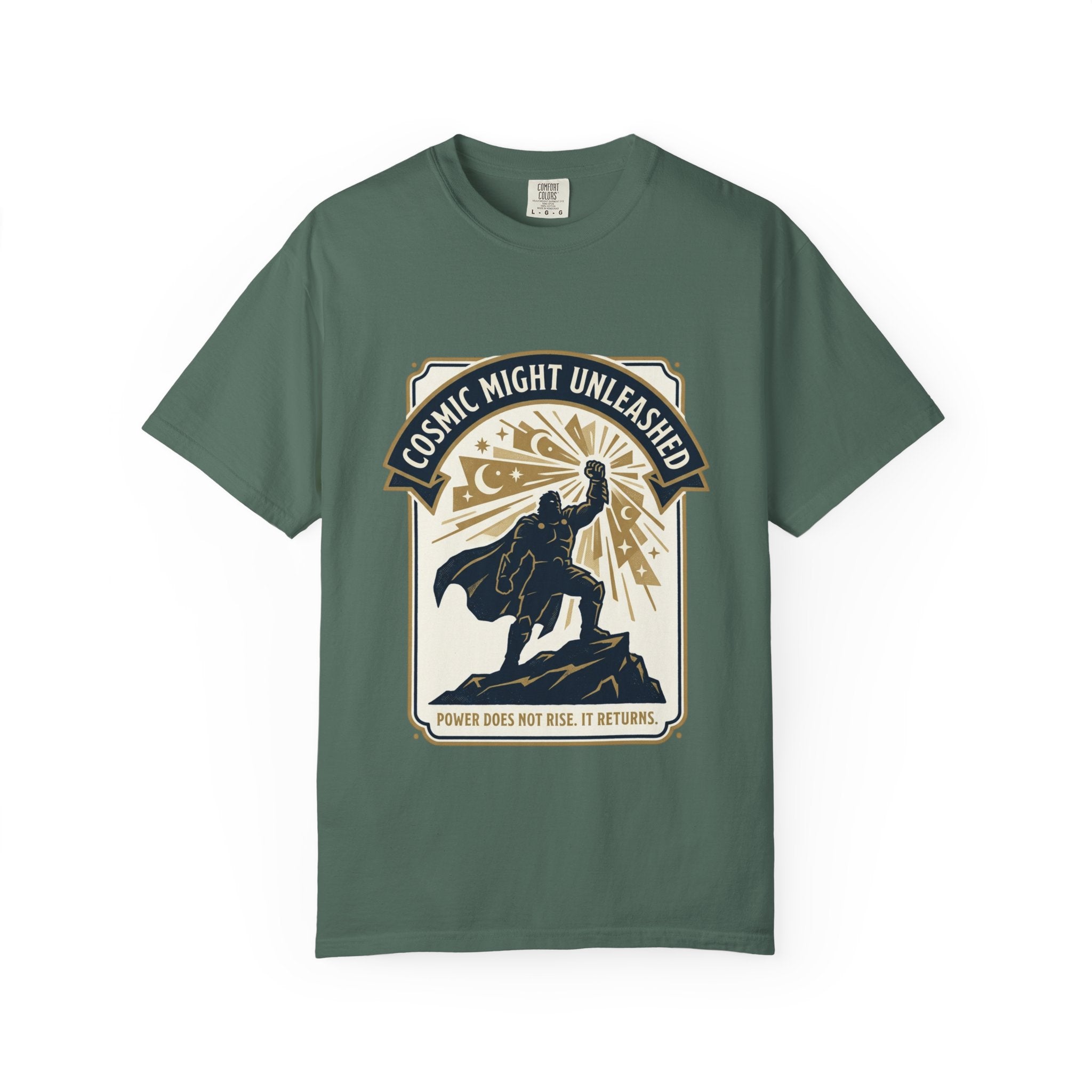 PRB Starforged Flex Cosmic Might Unleashed T-Shirt — Retro Superhero Space Graphic ('Power Does Not Rise, It Returns') by Power Runs Black