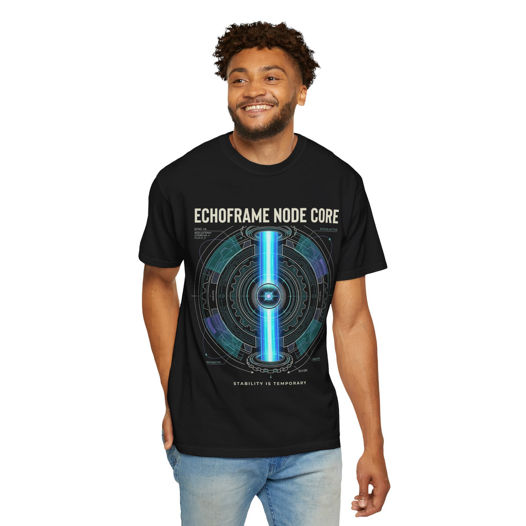 Power Runs Black PRB Echoframe Node Core T-Shirt — Futuristic Tech Graphic Tee by Power Runs Black