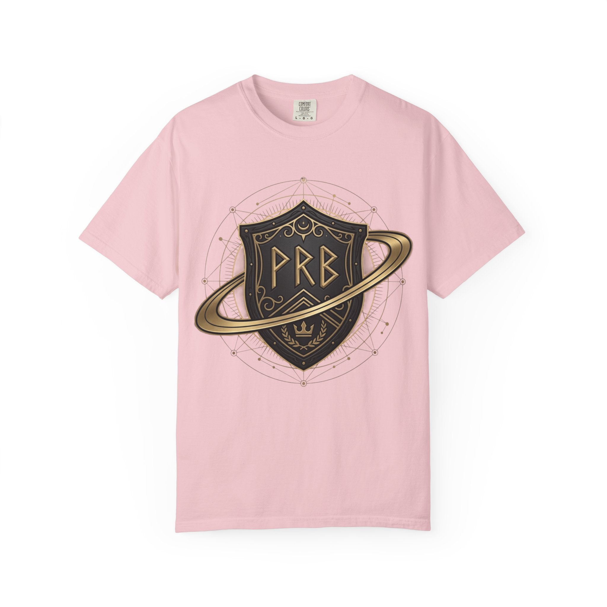 Power Runs Black Astral Crest Shield PRB T-Shirt | Saturn Ring Emblem, Gothic Heraldry by Printify