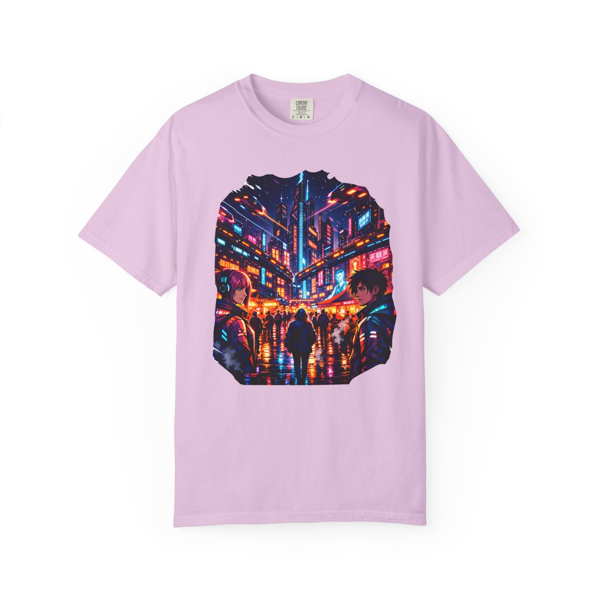 PRB Neon Cyberpunk Cityscape T-shirt | Anime Night Rain Streets by Power Runs Black