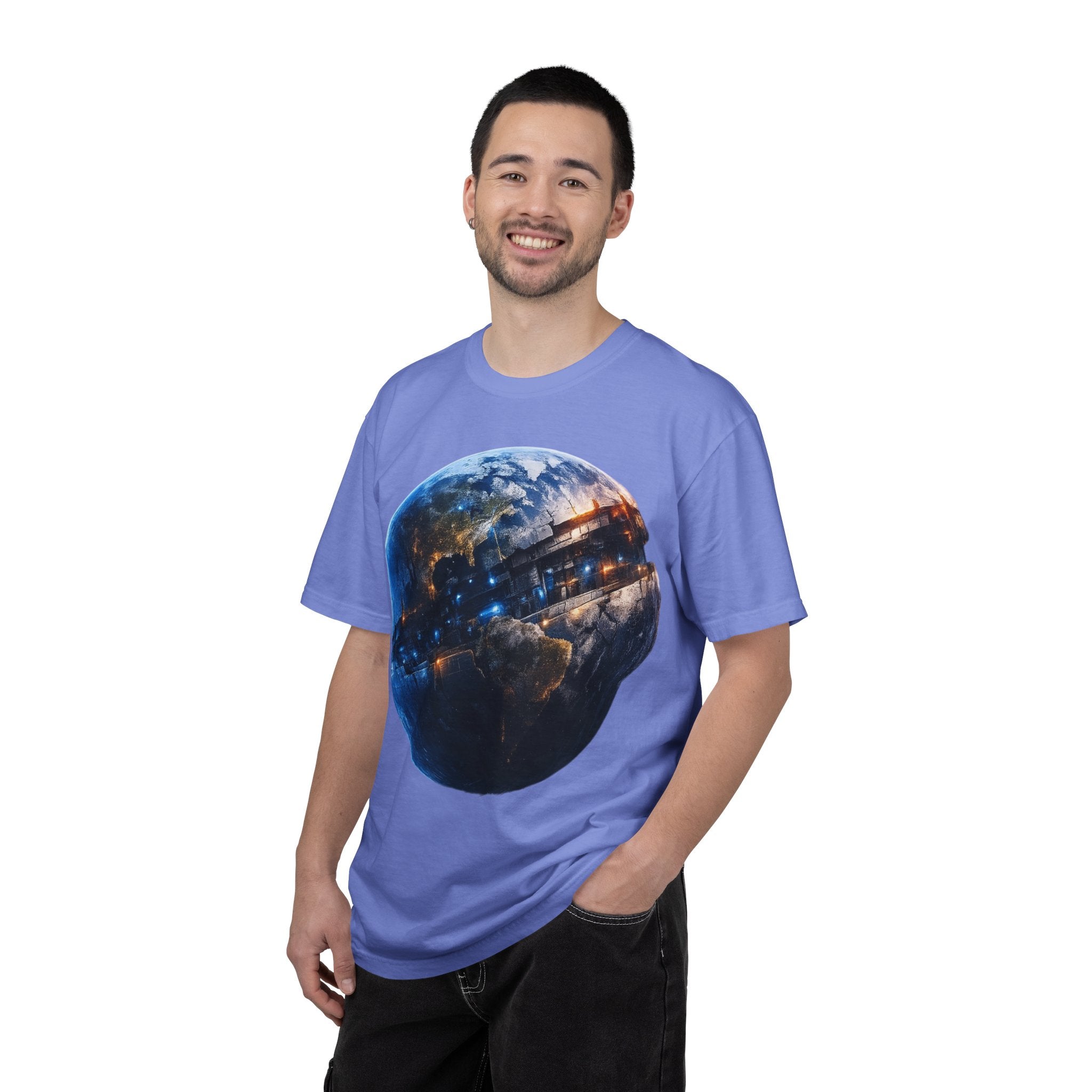 PRB Cityscape Globe T-shirt | Nighttime Earth Illustration, Urban Lights by Power Runs Black