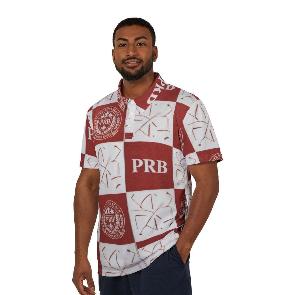 PRB Checkerboard Polo Shirt — Maroon Crest All-Over Print by Printify