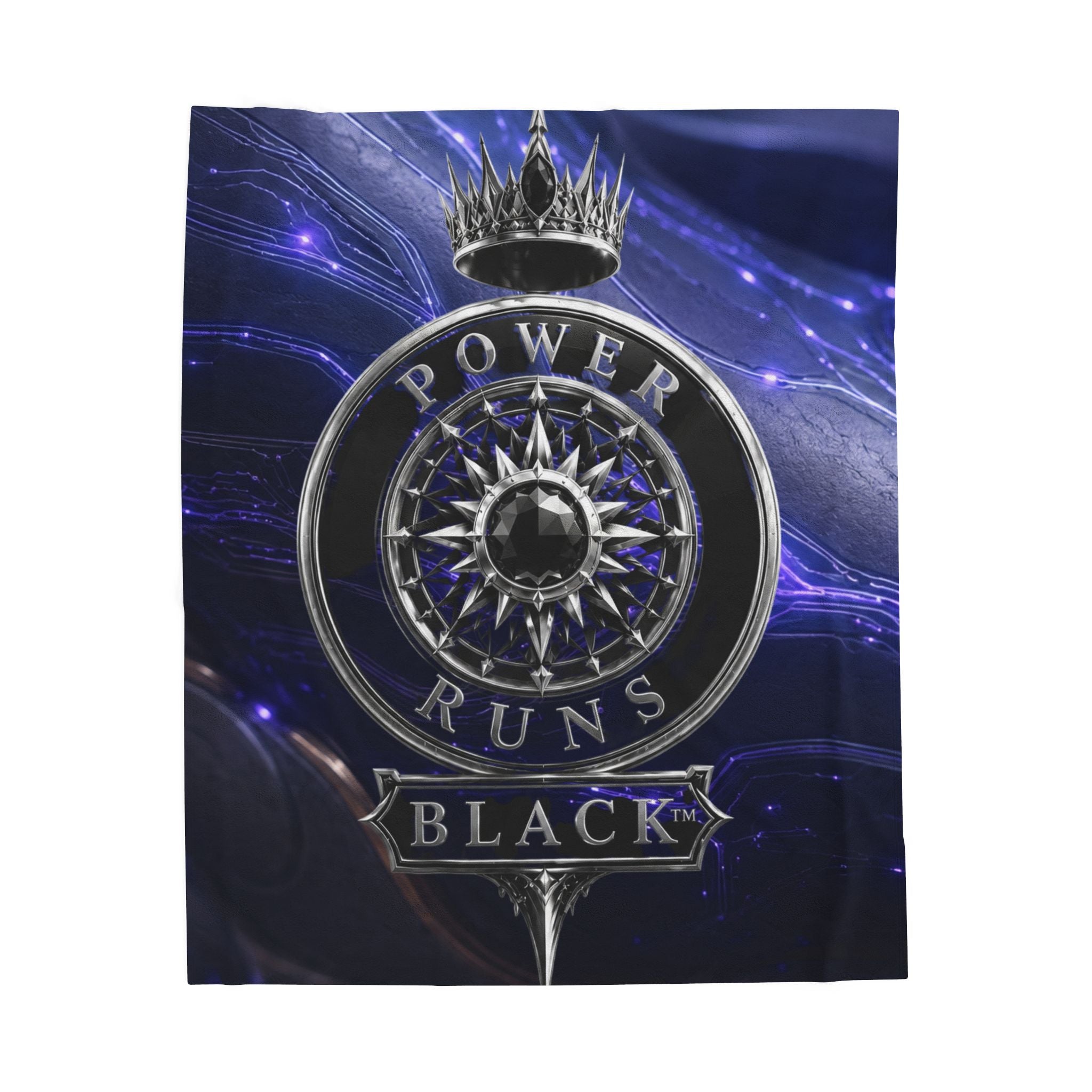 Power Runs Black Velveteen Plush Blanket – Galactic Crown Emblem by Power Runs Black