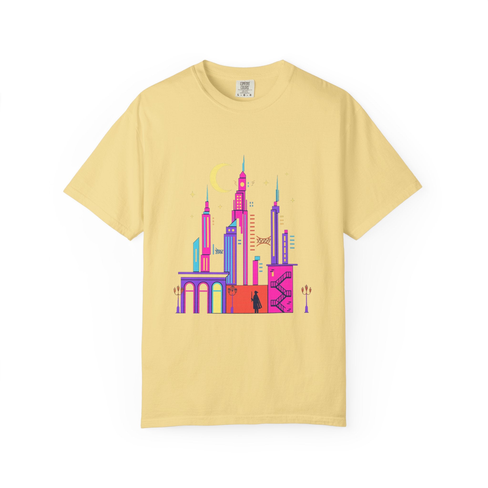 PRB Neon City Skyline T-shirt | Vibrant Urban Nightscape Tee by Power Runs Black