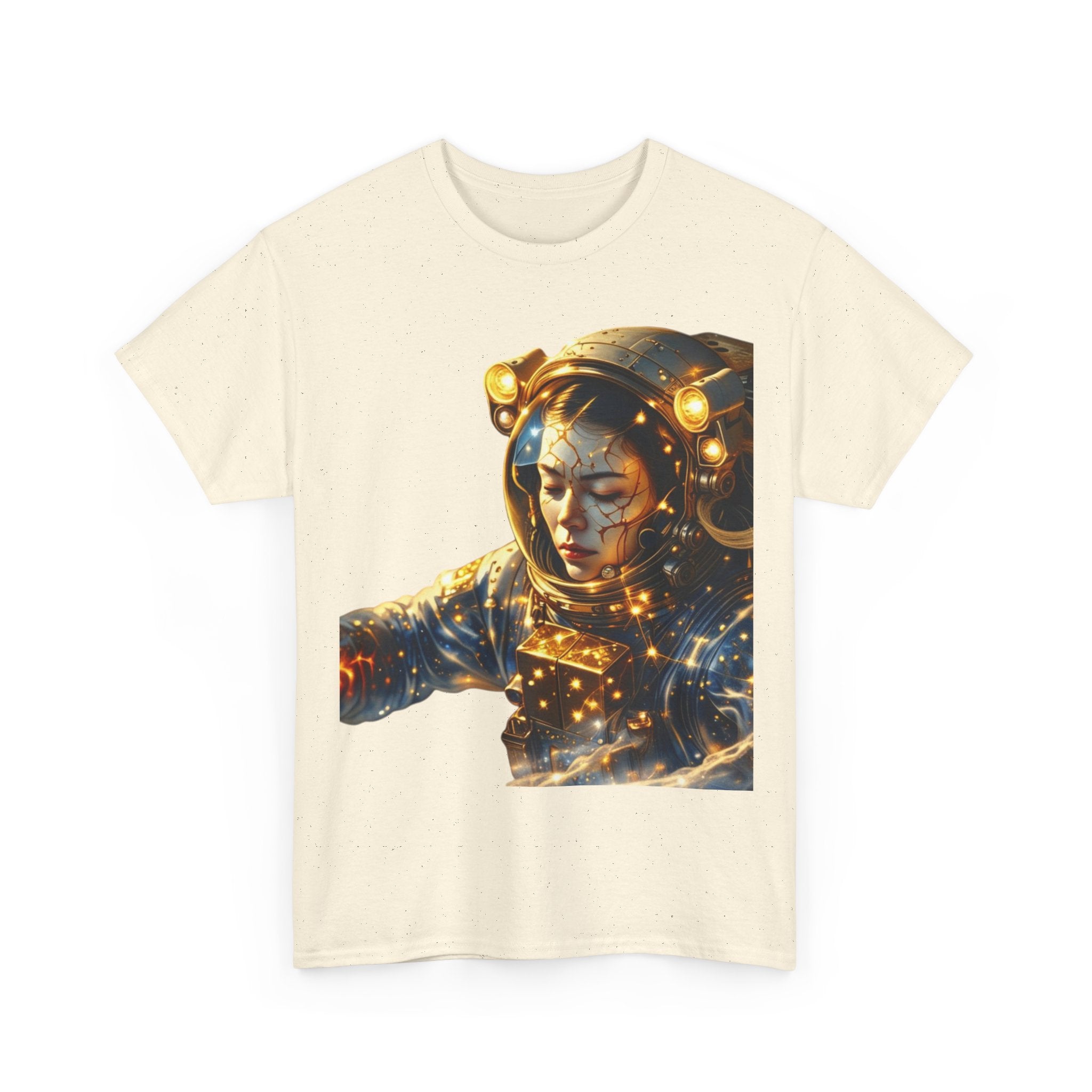 PRB Golden Astronaut Portrait T-Shirt | Space Helmet Art, Cosmic Lights by Power Runs Black
