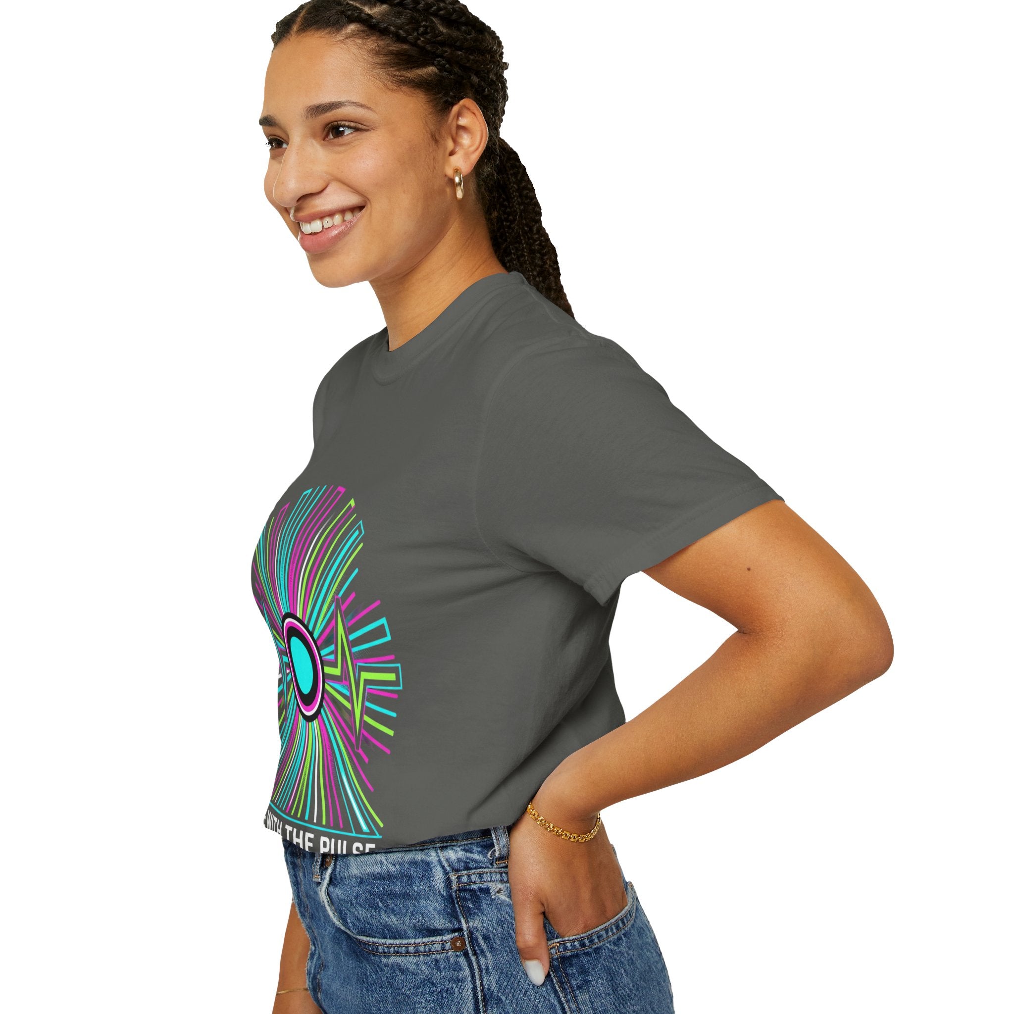 Power Runs Black PRB Electric "Move With Pulse" Graphic T-Shirt — Neon Sunburst Design by Power Runs Black