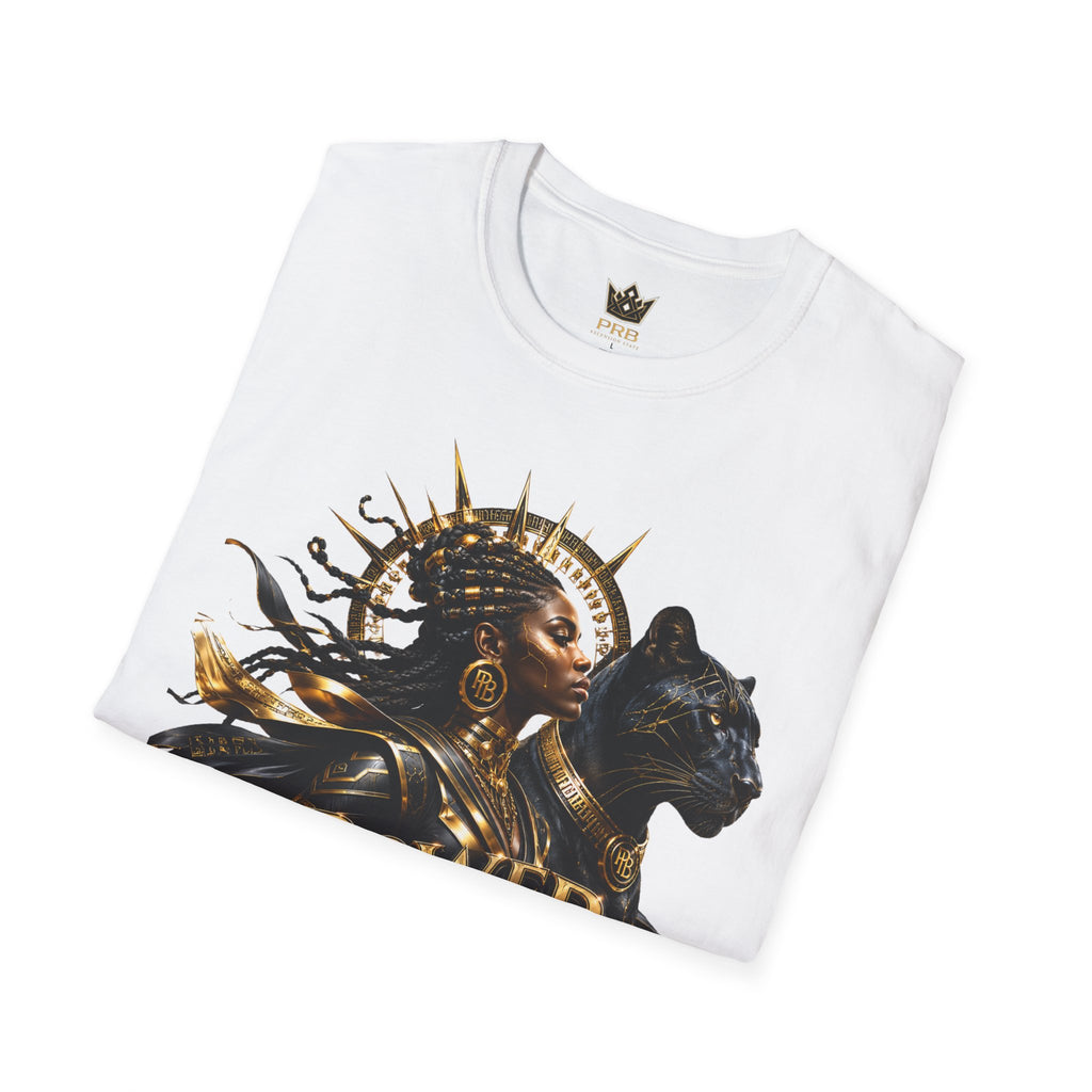 Power Runs Black PRB | Black Woman Portrait, Gold Accents Panther Graphics T by Power Runs Black